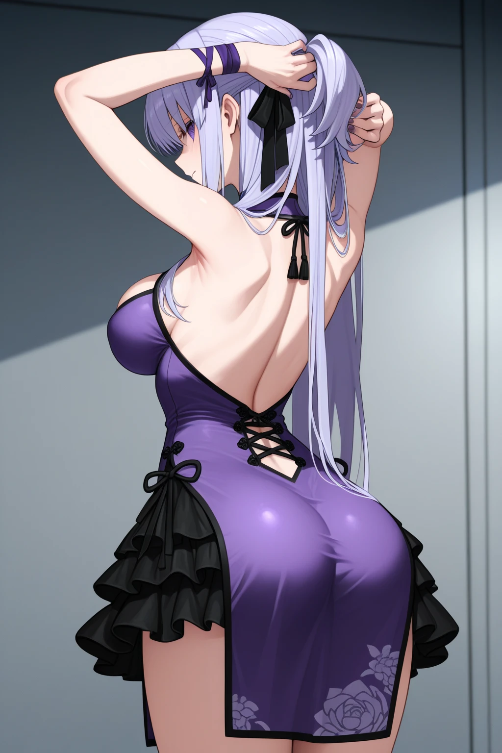 gothic anime girl, curvy, sexy, with thick legs and thighs, wide hips, beautiful face, long straight hair, Collections, Collections, spongy, small bust, slightly inflated chest, elegant and sexy clothing, wine colored lace, oxidized copper ornaments, marble floor, checkerboard style floor, sakura wood walls, light green eyes, green and blue heterochromia, royal purple underwear, femininity, focus on hips, profile view