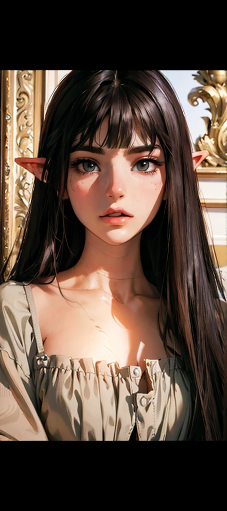 ((best quality, masterpiece, 4k, Best anatomy)), moody lighting, beautiful elf woman, ((crimson red hair)), ((very long hair)), perfect face, innocent smile, sparkling eyes, ((blue gray eyes)), ((naked)), (()), ((slender)), ((flat chest)), ((18 years old)), skindentation, extreme detail, attractive oval face, pink lips, pink nipples, glossy skin, detailed hair, face focus, close-up chest, gold ornamental necklace, earrings, ((1 girl)), blush, embarrassed expression, anime girl