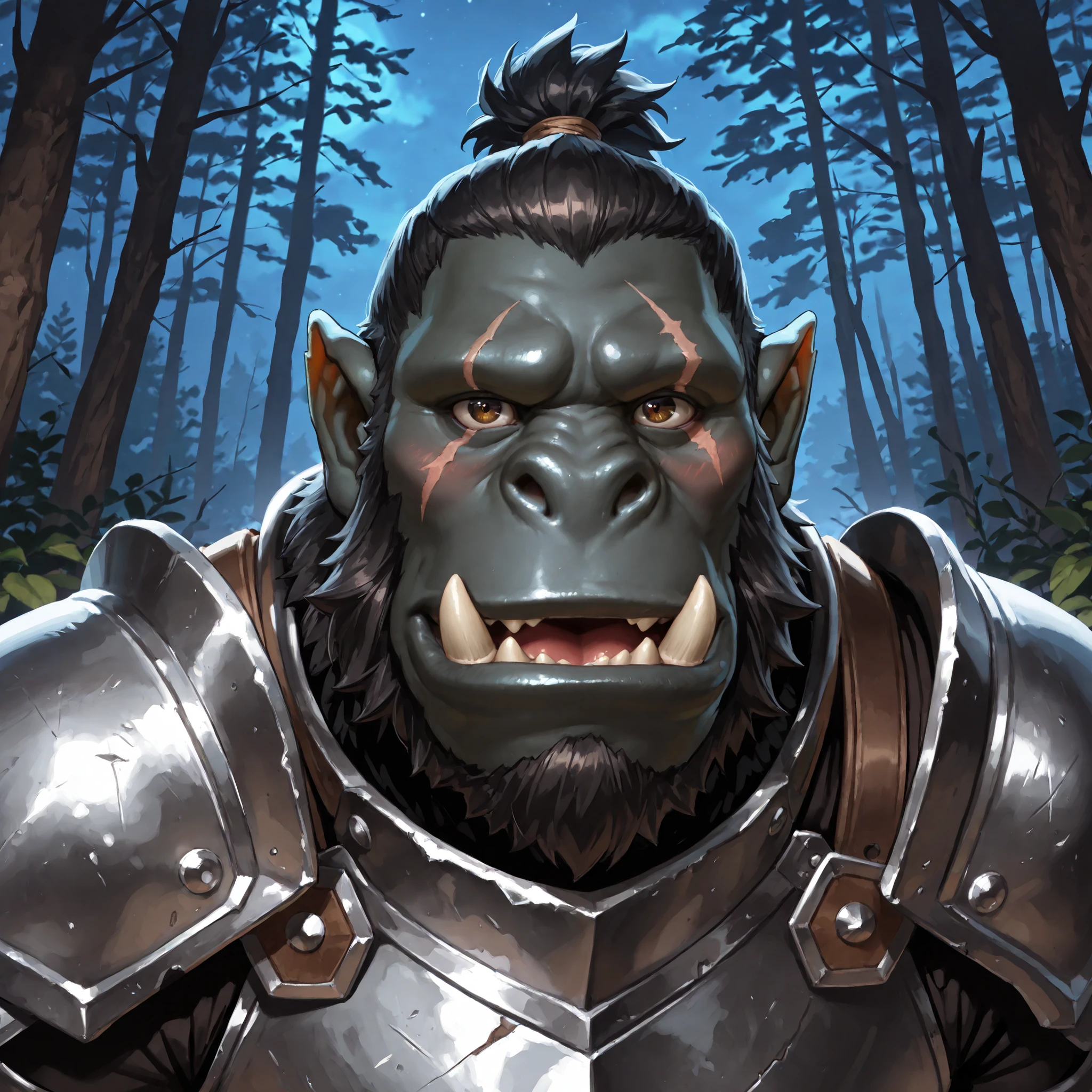 masterpiece, best quality, high resolution, gorilla, muscular male, bara, 1boy, solo, black fur, dark brown demon eyes, dark grey skin, wrinkly skin, black fur, gorilla nose, large nose, portrait, face focus, looking at viewer, (((long pointed orc ears))), (kind, hopeful), knight armor, young, knight shoulder armor, knight breastplate, neck armor, slit pupil, chipped ears, nose scar, eye scar, scars, ugly, large tusks, short black hair, short ponytail hairstyle, young, open mouth, sad, hopeful, kind, blushing, smile, night, forest background, big lips