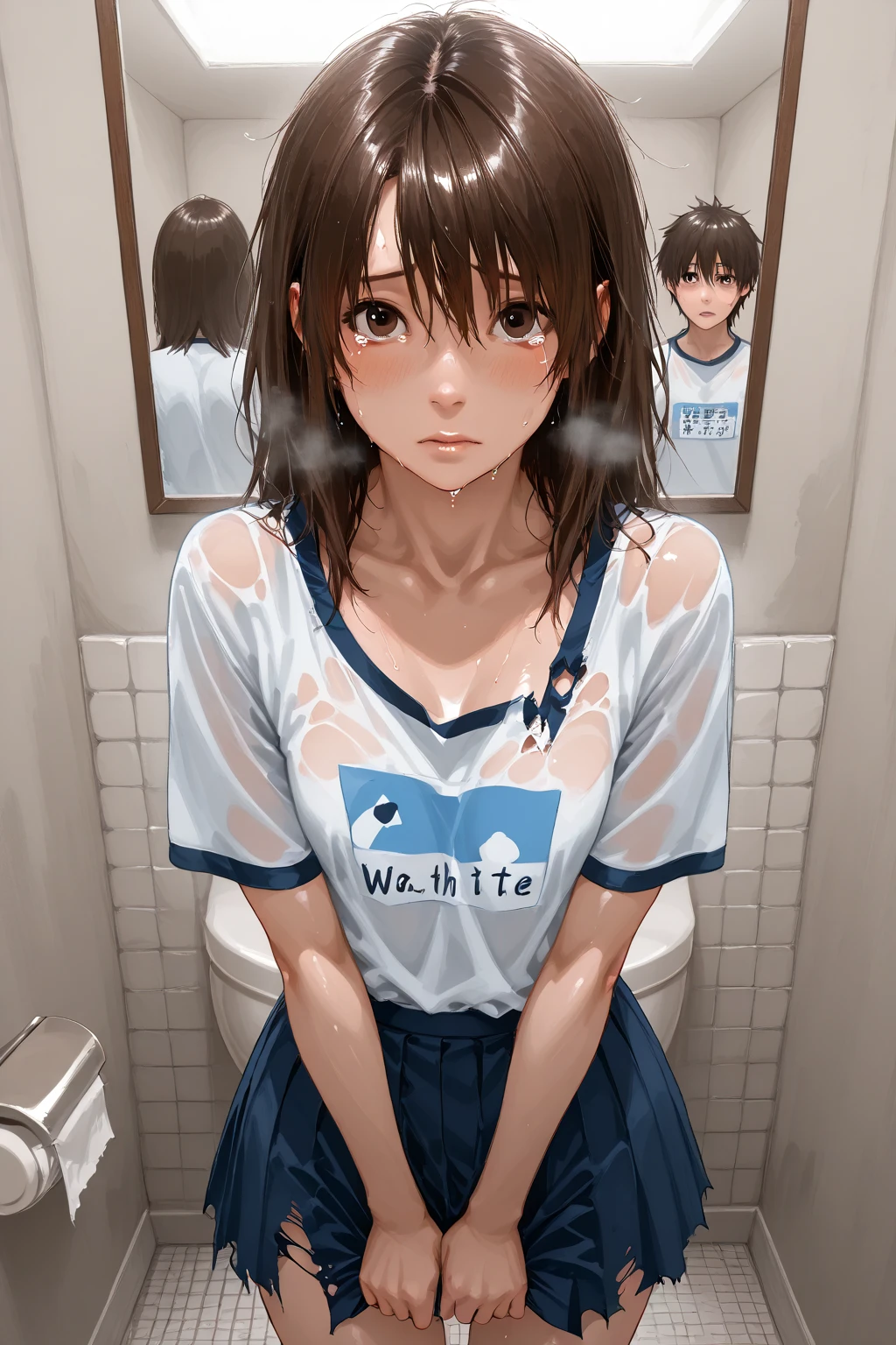 (masterpiece,Highest quality:1.3,best quality illustration),realistic,cowboy shot,1woman,30 year old Japanese beauty,((very small head:1.4)),short bob hair,brown hair,bangs,brown eyes,gorgeous eyes,sad,Heavy breathing,((White collared shirt、Blue tie、Navy blue mini skirt、black thighhighs)),Naval Officer Uniform,small breasts,((very long body:1.4,tan skin:1.3)),(toned body,slender body,skinny),gleaming skin,shiny skin,wet:1.5,standing,shower room,Naval Base、nsfw,