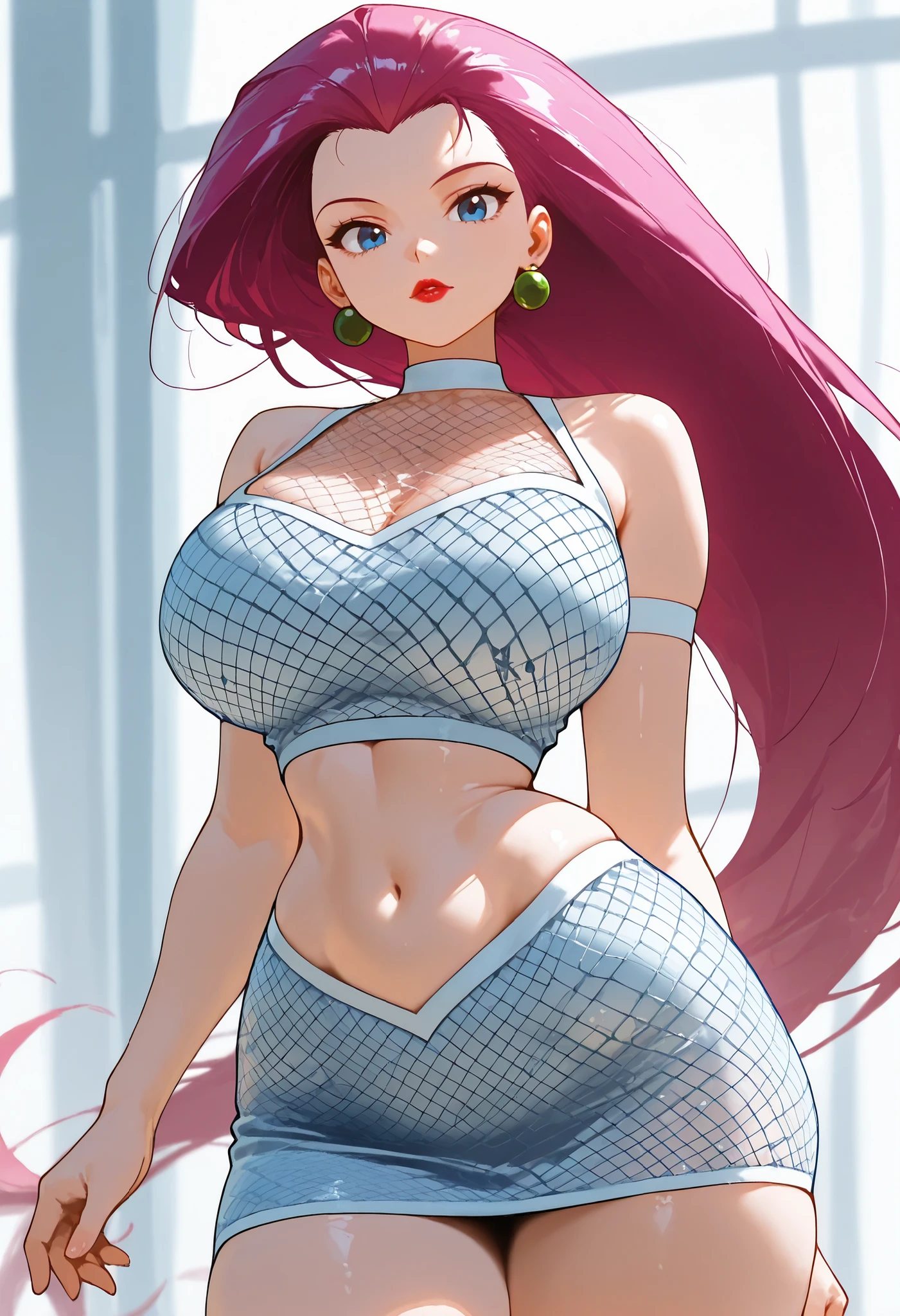 ((best quality)), ((masterpiece)), (detailed), Jessie , hot and sexy nude woman having large breasts and thick thighs, voluptuous figure, pink hair, long hair, Green earring, blue eyes, lipstick, bright sunshine, looking at viewer, wide hips, narrow waist, hourglass body, curvy body, wearing fish net top and fish net skirt, looking at viewer , SFW, navel, midriff, miniskirt