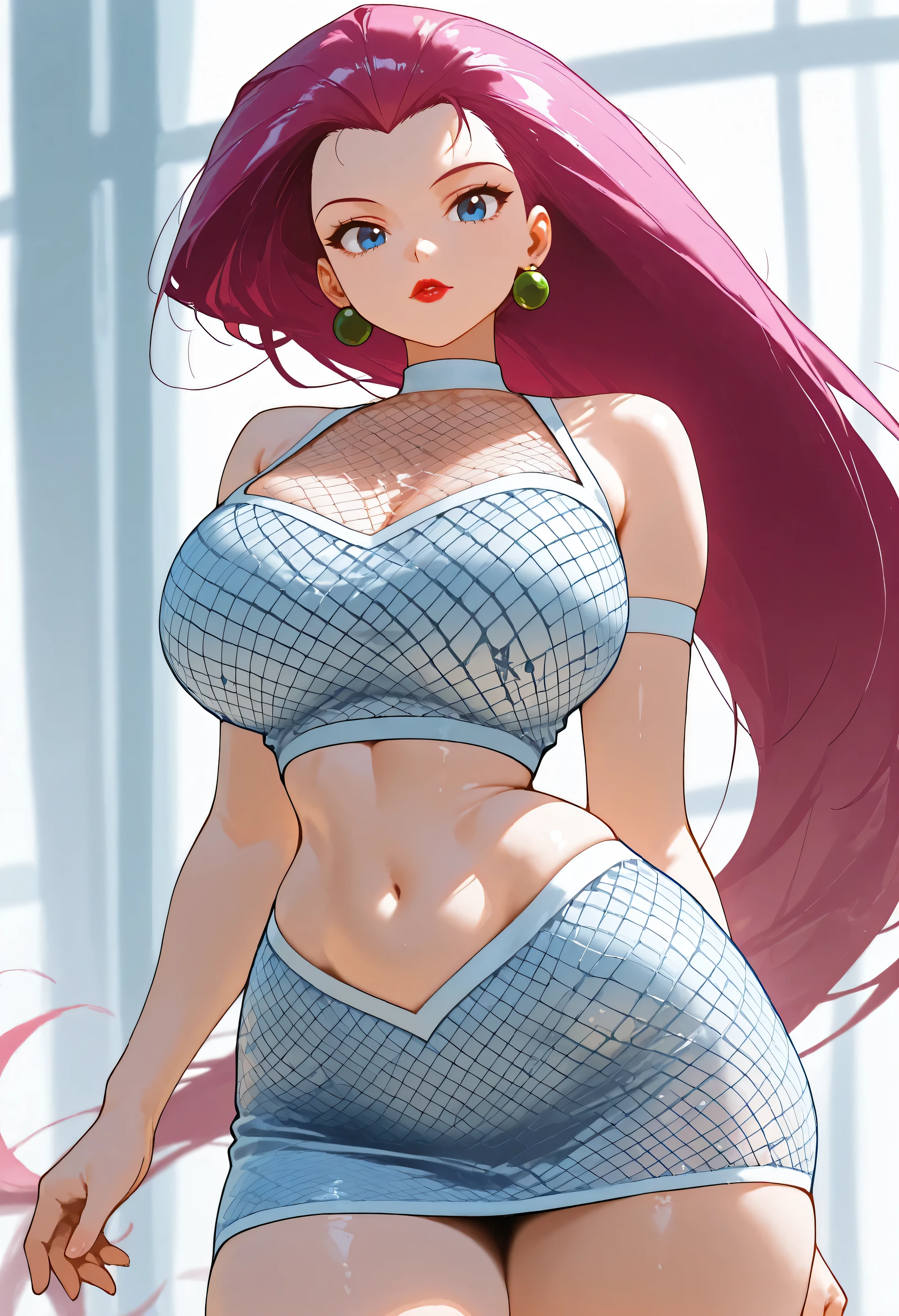 ((best quality)), ((masterpiece)), (detailed), Jessie , hot and sexy nude woman having large breasts and thick thighs, voluptuous figure, pink hair, long hair, Green earring, blue eyes, lipstick, bright sunshine, looking at viewer, wide hips, narrow waist, hourglass body, curvy body, wearing fish net top and fish net skirt, looking at viewer , SFW, navel, midriff, miniskirt