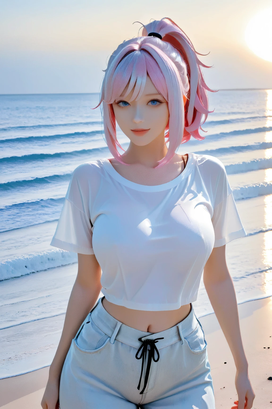 Uma mulher, extremamente linda, sexy, cabelo longo loira, wearing cap, usando ((micro shorts jeans surrado):1.4), sideboob branco souto, bunda, bunda grande, andando para a praia, de costas