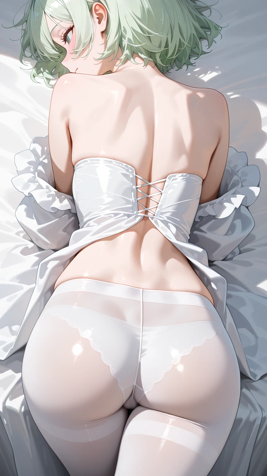 “(tmasterpiece),The best quality,style of anime,femminine,on top of the bed,Tie with a ribbon,(1 Trap:1.2),wet white blouse:1.3),dark colored hair,light-skinned,Arm Raised,pantyless,Clear sexy,ecchi,”。”