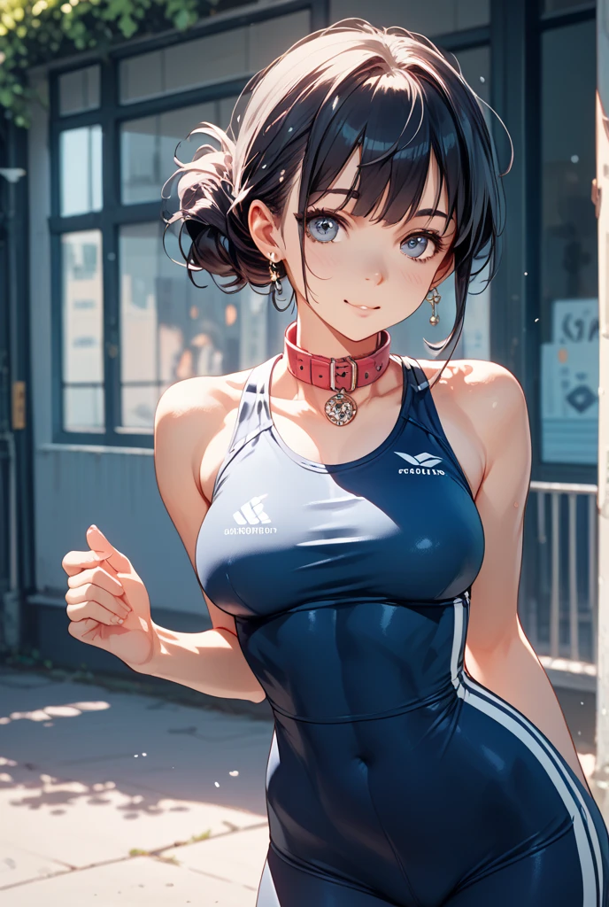 (8K, RAW photo, 最high quality, masterpiece:1.2), High-definition RAW color photo, Professional photo shoot, cinematic light, alone, (((young woman))), (Sharp features), (small face), (high detail skin:1.2), clavicle, cute face, beautiful appearance, long eyelashes, (rainbow colored hair, blue eyes), beautiful breasts, (slim body shape:1.4), very detailed顔と肌の質感, fine eyes, double eyelid, look sideways, in motion, ((shortcut, long bangs on one side, asymmetrical bangs, One eye hides, wavy hair)), slender body, ((open your mouth and smile:1.2)), big breasts, normal hip joint, cowboy shot, (((spread your legs:1.2, Flexibility gymnastics:1.2))), (((white training shirt:1.5, navy blue bloomers:1.5, Seductive thighs))), gymnasium background, staring eyes, beautiful skin, shiny skin, perfect fingers, five fingers, anatomically correct, background bokeh, high quality, surreal, bright colors, ((very detailed, photo shoot)),