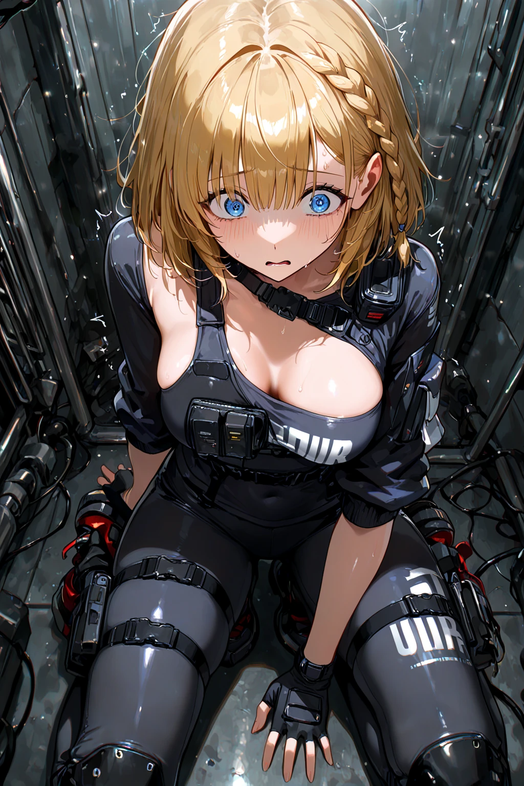 1girl, large breasts, thighhighs,solo, thigh boots, black skirt, black footwear, (((masterpiece,high resolution,best quality))), solo, blonde hair, on back, looking at viewer, open mouth, solo, blush, wet clothes, heart, arms up, wet, huge breasts, short hair, pervert, white panties, himiko toga, bdsm, shibari, restraint, bondage ropes, rope, tied up, restrained body