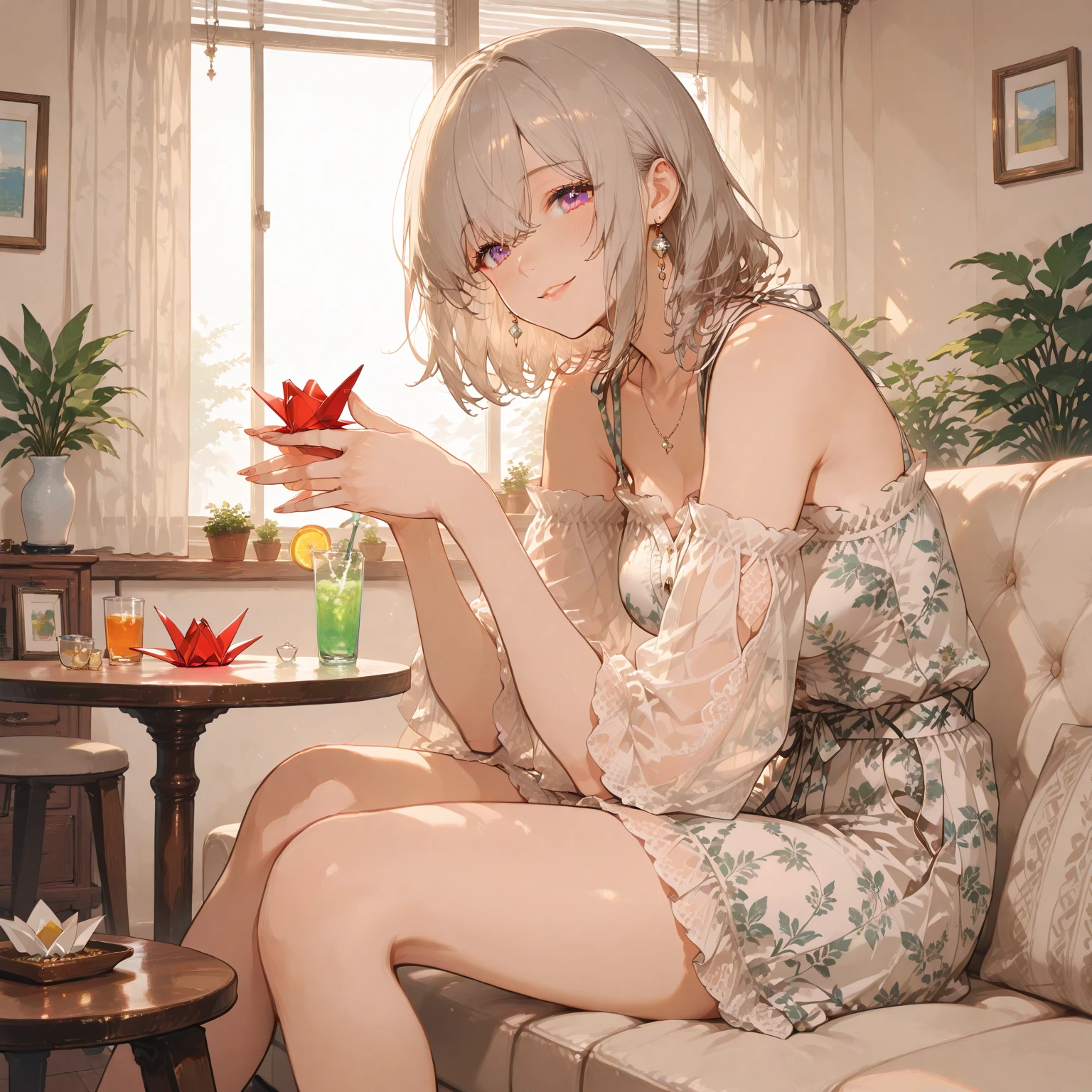 masterpiece,Highest quality,Super detailed,Highly detailed CG,High resolution,Highly detailed skin,Perfect ???????,Trick him?Fantastic details,Cowboy Shot,Purple eyes,lipstick,eyeliner,eye shadow,thin,Shiny skin,Medium chest,Bobcut,Silver Hair,Shiny Hair,(sleepy:1.4),(Bathrobes:1.5),(bracelet:1.4),(Crossing your legs:1.4),(Hands close to the face:1.5),(Cleavage:0.4),(living room:1.4),(cream puff:1.5),(Rose:1.3),(On the sofa:1.4)、holding cream puff in hand