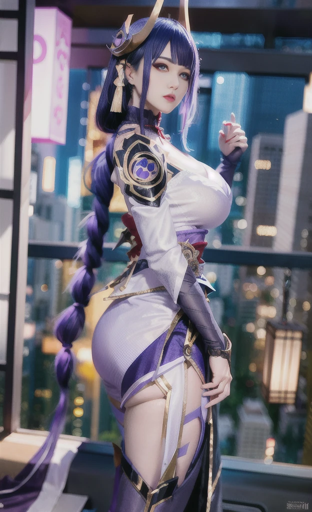 <lora:dldlllBAICHenxiang_20230726115615:0.75>,1girl,low twintails, mature female, looking at viewer, cityscape, night, cowboy shot, navel,crop top, long sleeves, skirt,braid, pantyhose, metal trim,purple hair, shiny hair, midriff,