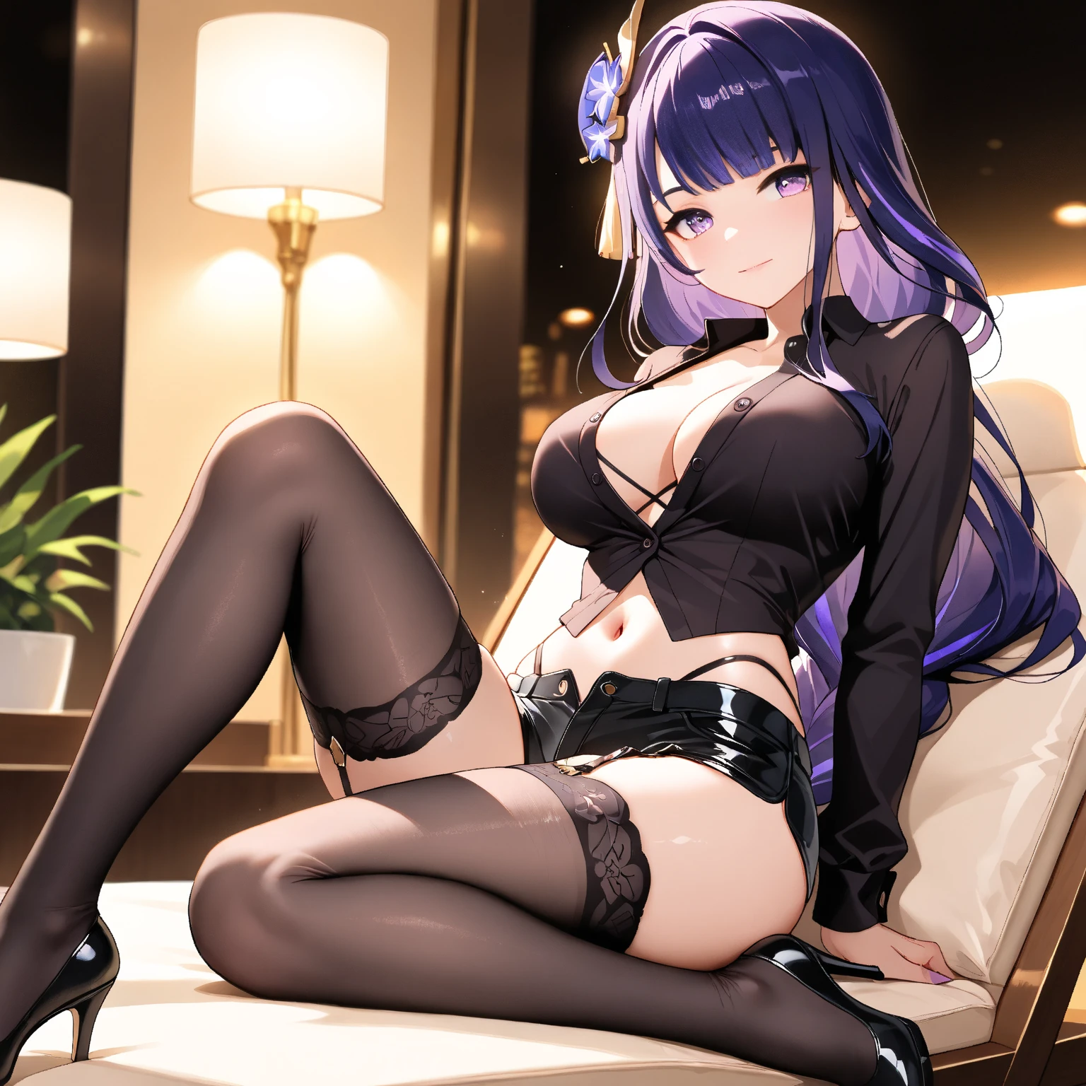 ((Anime illustration)) ,【1girl,1boy(men and women)】,In a hotel bed on a moonlit night,Beautiful night view, 【nsfw】【1boy】【penis】,((Black-haired Cleopatra)),(ponytail hair),Beautiful black lingerie,(mini tight skirt),((Gorgeous big breasts shining)),Lace Top Stockings,Knee-high boots,garter belt,Long satin gloves,(Laughing with your fingers),Crossing your legs,Condescending look,Provocative pose,Sexy body