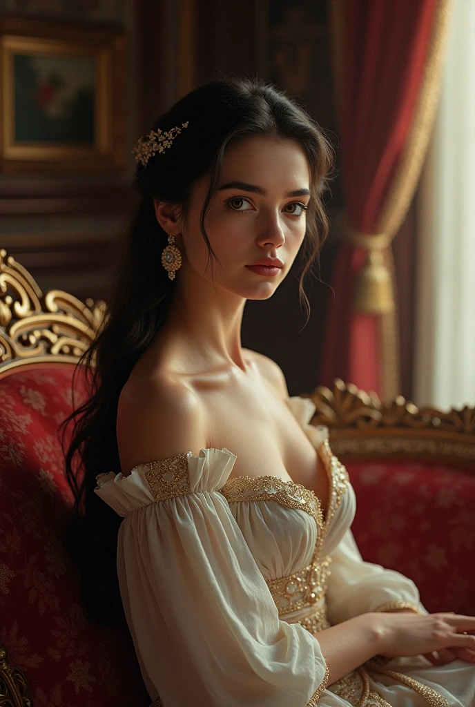 beautiful youn girl,4k,ultra detailed,tattoo,smoke,expressive beautiful,younger,tattoo,wearing fantasy white dress, wearing fantasy white high heels,sitting on the throne,crossed legs,sexy,make-up