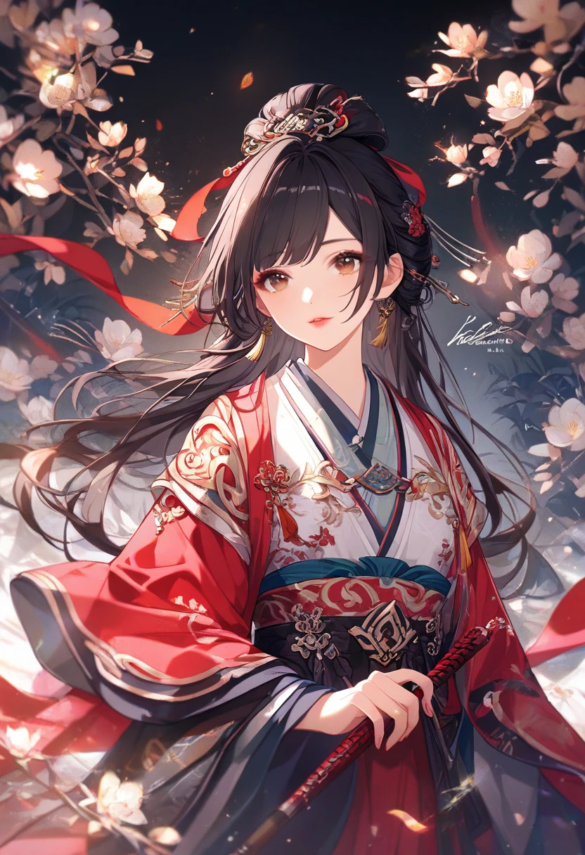 beautiful chinese girl, Aloof character, Rose red dress, huge plum blossom, standing under the tree, Sunlight, Clear face, masterpiece, super detailed, epic work, high quality, best quality, 16K