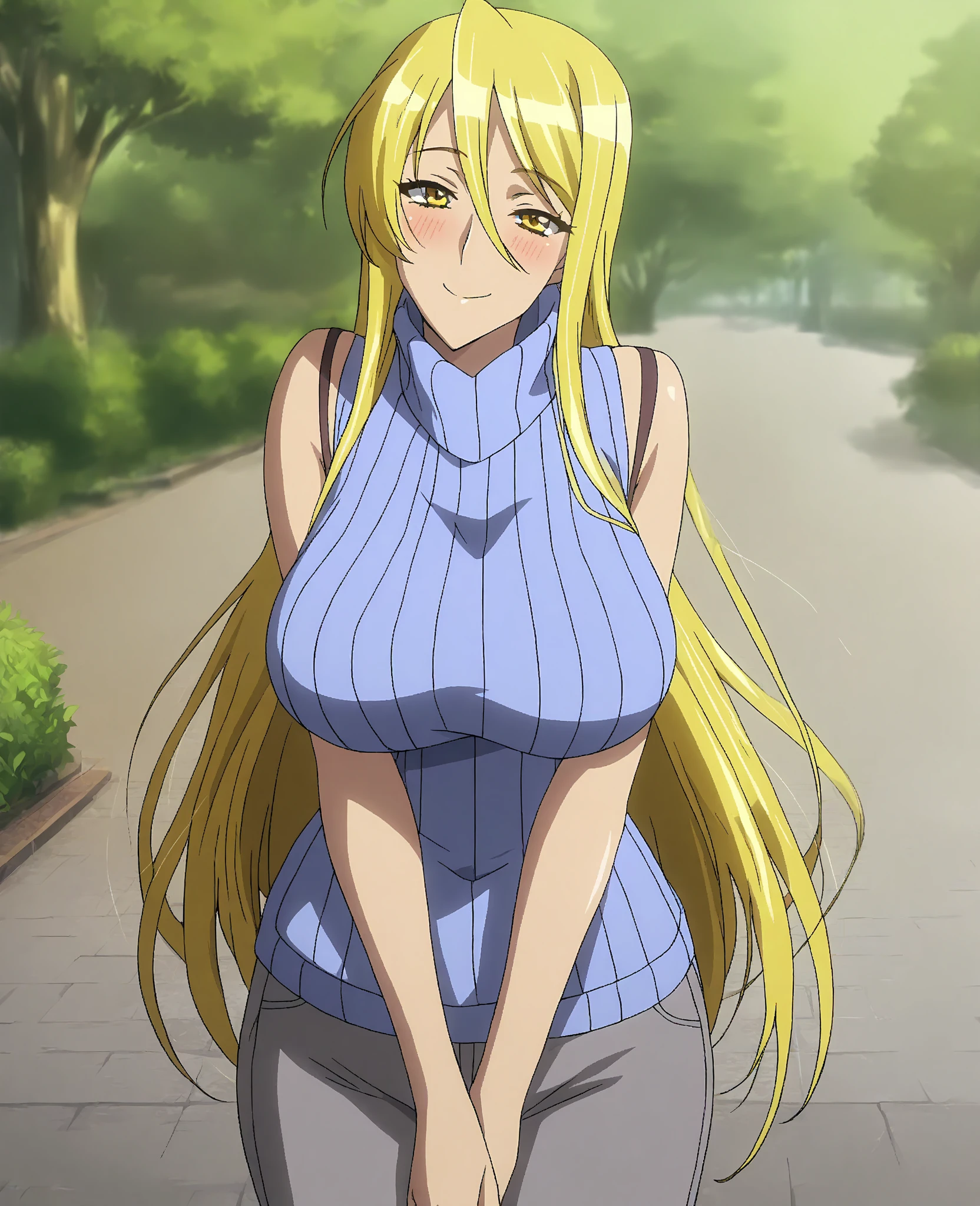 shizuka, 1girl, solo, long_hair, breasts, looking_at_viewer, smile, bangs, blonde_hair, hair_between_eyes, bare_shoulders, closed_mouth, collarbone, yellow_eyes, upper_body, sidelocks, huge_breasts, mature_female, turtleneck_sweater, sleeveless_turtleneck, bra_strap, anime_coloring, ribbed_shirt, outdoor