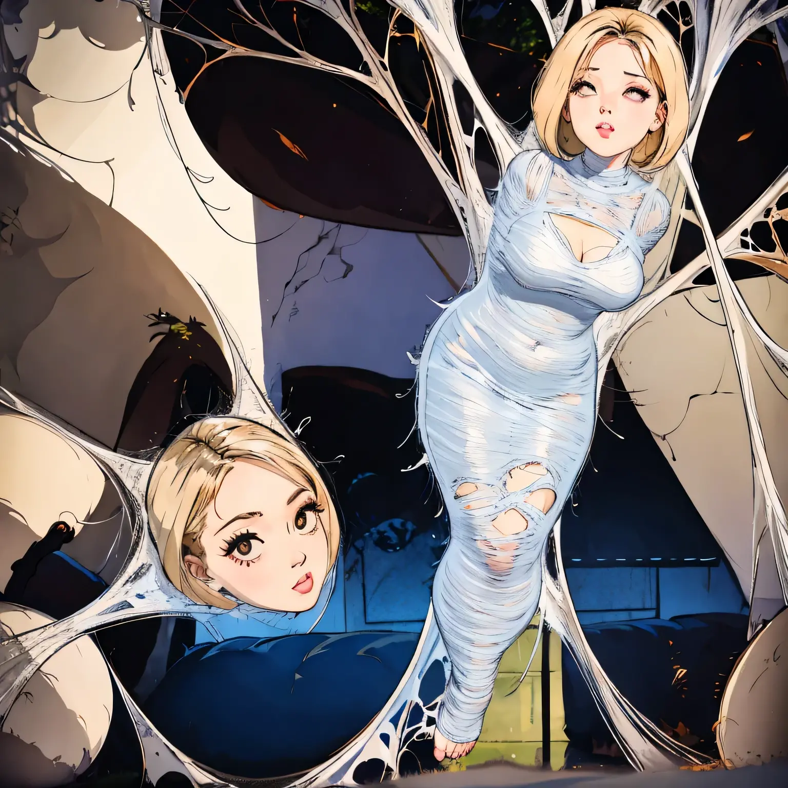 a girl trapped in the net in nightgown