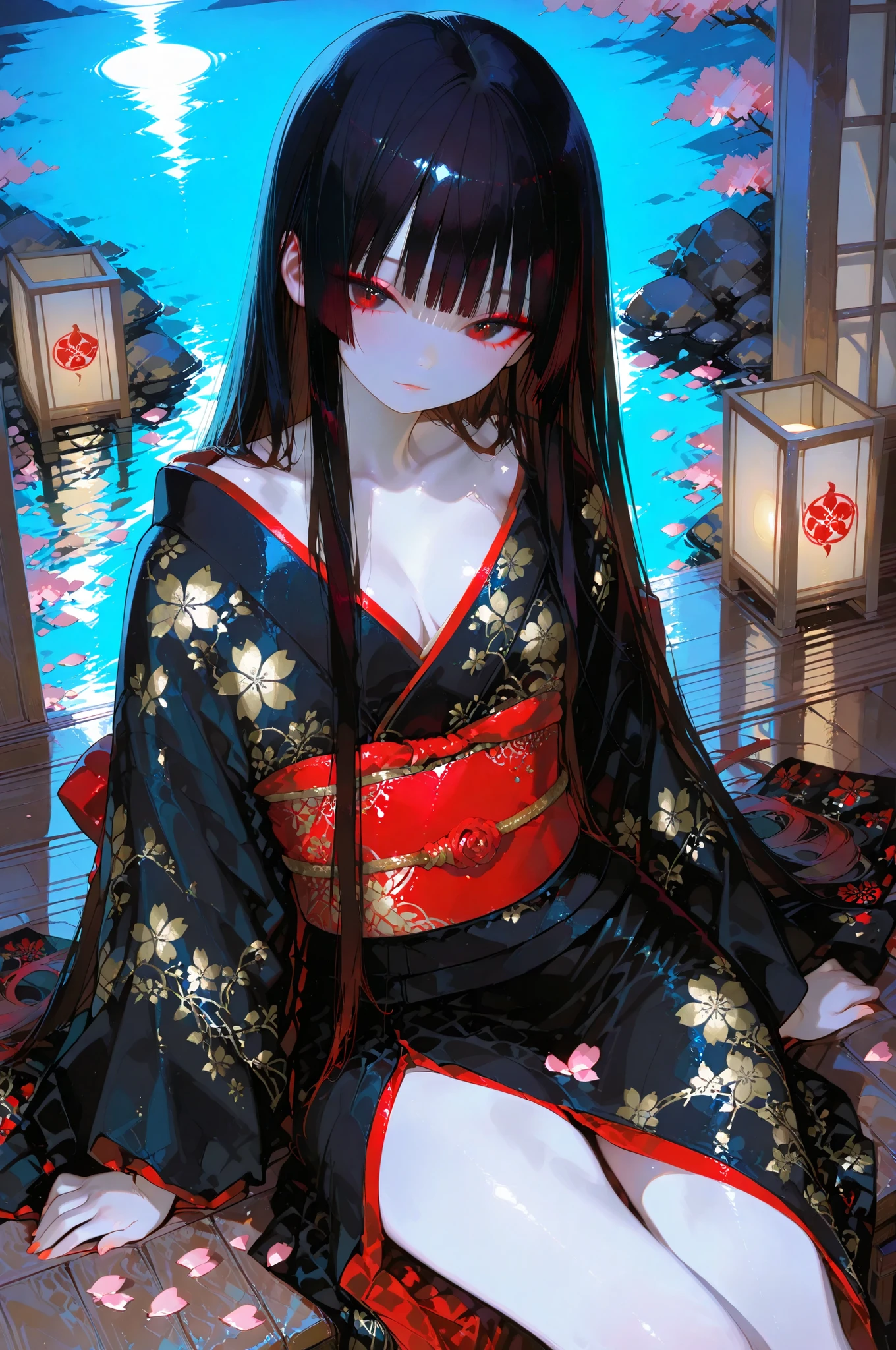 visiosomni,Outstanding Works,Slightly realistic, Excellent quality, Very Beautiful, 超high resolution, high resolution,anime style,,Enma Ai,She wears her signature black kimono with red and white patterns, long straight black hair flowing gently, sitting elegantly on a wooden side porch at night under paper lanterns, moonlight reflecting on her pale skin, captivating and enigmatic gaze looking directly at the viewer, tilting slightly forward so that the neckline of the kimono reveals just a little bit of it, suggesting sensuality without explicitly exposing it, warm candlelight intertwined with cool moonlight, falling cherry blossom petals, serene and subtly provocative atmosphere, high detail, exquisite texture of the kimono fabric Cherry blossom petals, Serene and subtly provocative atmosphere, Highly detailed, Exquisite kimono fabric texture