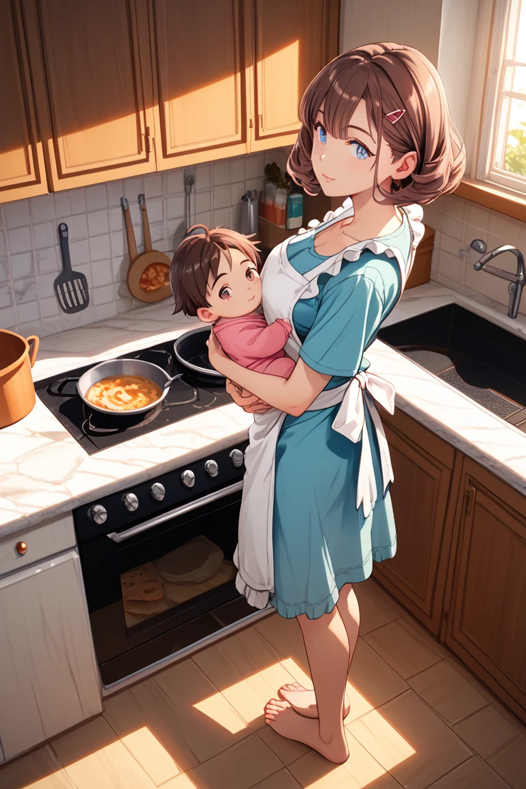 Big Tits,One mother,One elementary school-aged son,High resolution, accurate, Highest quality, Anatomically correct, accurate, High-resolution model, Ultra high definition, Wearing a thin lace apron,Naked under the apron,In front of the kitchen sink(((I&#39;m doing the washing up))),Blushing, smile, 