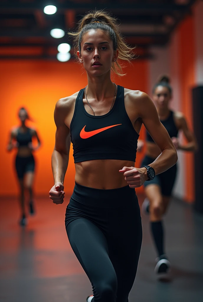 Une fille métisse en tenue de sport dégage une impression de vitalité et de dynamisme. Ses traits harmonieux et sa peau aux nuances de miel, illuminée par une activité physique, ajoutent à sa beauté naturelle.

Elle porte un ensemble de sport coordonné, composé d'un legging ajusté qui souligne ses jambes élancées et musclées, et d'un haut de sport en matière respirante qui épouse parfaitement ses formes tout en lui offrant une grande liberté de mouvement. Le haut, sans manches et avec un dos nageur, met en valeur ses épaules athlétiques et ses  toniques.

Ses cheveux, qu'ils soient bouclés, frisés ou lissés, sont attachés en une queue de cheval haute ou un chignon pour ne pas gêner ses mouvements. Quelques mèches échappées encadrent son visage radieux, rougi par l'effort.

Elle porte des baskets légères et performantes, adaptées à son activité, que ce soit la course, le yoga, ou une session de fitness. À son poignet, une montre de sport multifonction lui permet de suivre ses performances en temps réel.

Un sourire confiant illumine son visage, reflétant son engagement envers son bien-être et sa passion pour l'activité physique.