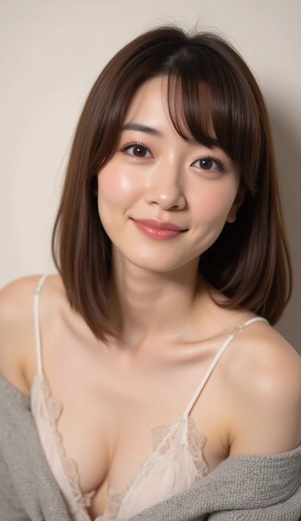 Japanese, Short women, Physical build, Short arms, ((Long, narrow eyes)), Fleeting atmosphere, 38 years old, Brown Long Hair, bangs, ((Thin lips)), ((White top and bottom underwear)), Masterpiece, Highest quality, Detailed skin, Detailed face, Fine grain, 8K, Excellent anatomy, (Upper Body), Body Shot, Portrait, (View your viewers:1.5), (Looking into the camera:1.5), (Dynamic pose:1.5), ((small breast:1.5)), ((flat chest:1.5)), ((Skinny:1.5)), A very small mole on the left cheek,