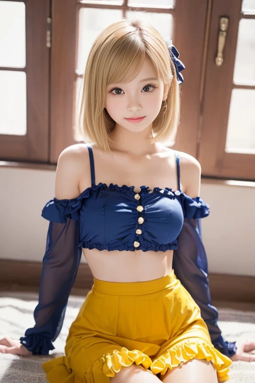 a blue dress、Hairstyle is Twintails、a blond、A smile、mideum breasts、a miniskirt