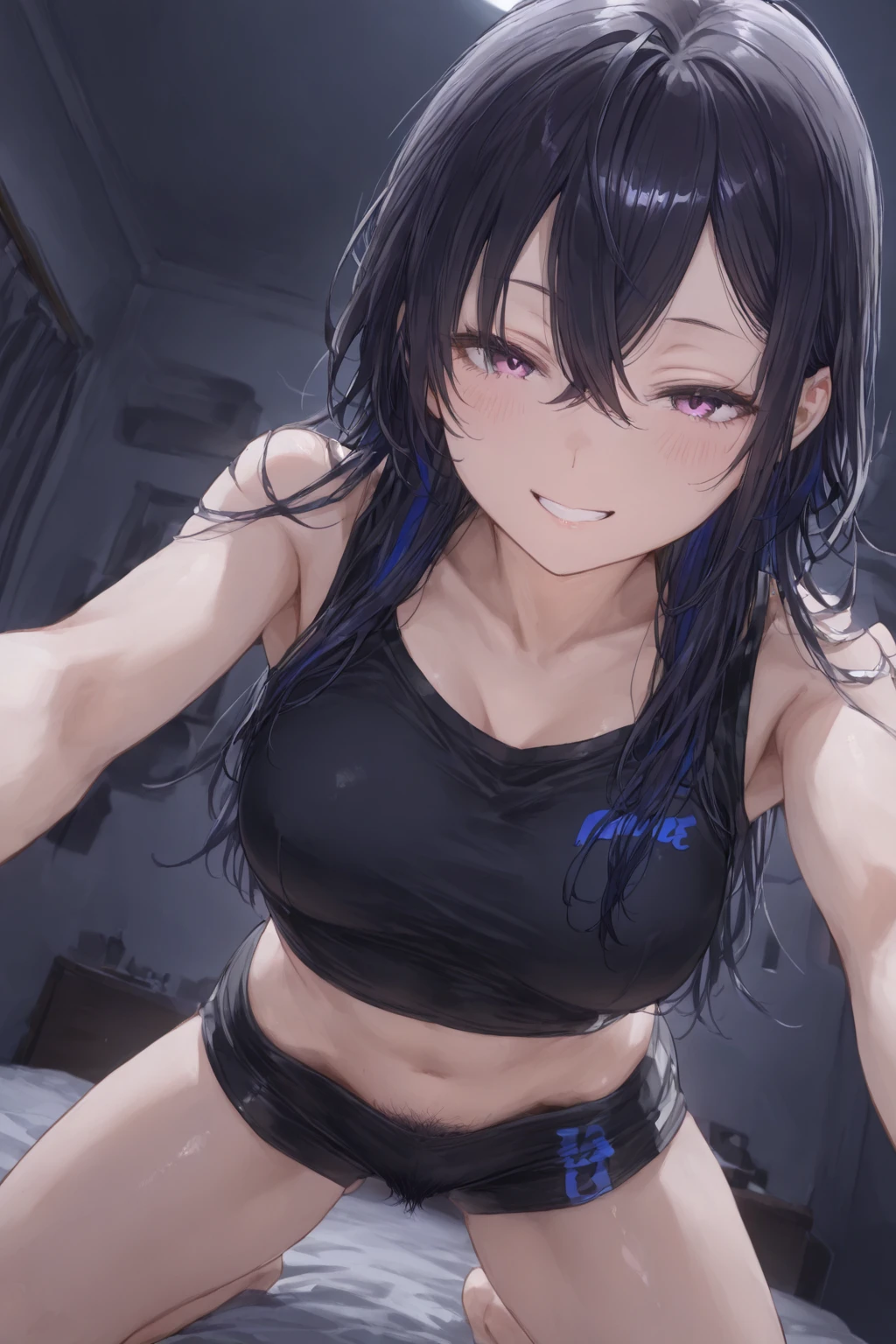 Hayate nagatoro, long hair, crouched in the dressing room with hands behind the head, gothic makeup, tomboy style, (angry), (disgusted), atmospheric light, small breasts, perfect female face, ultra detailed, (wearing black running uniform with short sleeves and short shorts), cameltoe visible, ((naked torso)), ((slim body and fitness))), large abdominals, toned abs, fit, smooth, high details, soft bokeh background, --auto --s2
