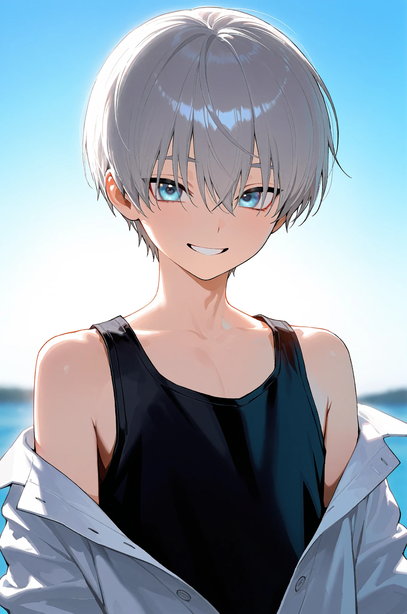 1 Boy, Silver hair with rabbit ears, Blue eyes, Male focus, Pouting, Tank top, Shorts, Barefoot, (arm support: 1.1), (Partially submerged: 1.1), Sitting, (Wet: 1.4), Cowboy shot, Looking up, Looking at the viewer, from above, from the front, water, playing in the river, river, forest, sunlight, summer