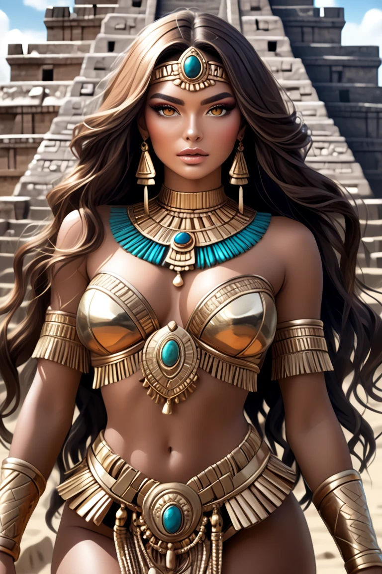 OldEgyptAI, cleopatra, Greeks, queen of Egypt, (Traditional Egyptian Wig), (beautiful detailed face and eyes:1.2), green eyes, black hair, (hair slicked back), bowl cut, light skin, finely detailed skin, medium breasts, (Egyptian costumes rich in gold and jewels), Egypt Dressup, gorgeous skirt, gorgeous gold jeweled necklace, earrings, Golden accessories all over the body, 1girl, solo, best quality, (masterpiece:1.2), high quality, Highres, (hyper detailed), (portrait), photorealistic, 4K, ultra HD, insanely detailed and intricate, high resolution, HDR, extremely detailed CG, f 2.8 lens, detailed background, detailed landscape, (dynamic pose:1.2), (cowboy shot:1.2), Oasis, cinematic lighting, smile, a small pyramid in a distant desert,