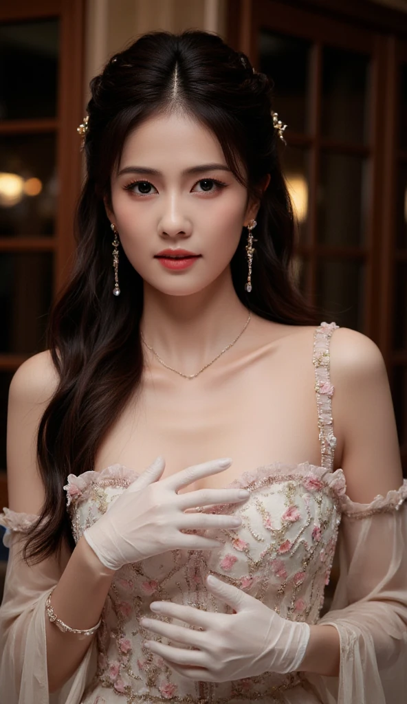 ((((8k))),((Extremely meticulous CG)) ,(wallpaper),16k,((Extremely refined and beautiful)),(((Masterpiece))),(((best qualtiy))),(((Ultra High Resolution))),beautiful light up,Perfect lightning,realistic shaded,(Smooth and flawless skin:1.5),(Extremely exquisite facial details:1.2),(perfect body:1.2),(ultra-detailed),((A beautiful girl,solo)),(small head:1.2),(pale skin:1.3),(medium straight hair:1.2),(small face:1.2),(baby face:1.3),(Exquisite makeup:1.2),(gigantic breasts:1.5),(towering chest:1.5),((slim,thin)),(laughing:1.2),(crystal necklace:1.2),(strapless dress:1.5),(pantyhose:1.3),(indoor:1.3),(summer:1.3),(detailed background:1.5),(sitting on the gift box:1.3),(arms behind back:1.2),(upper body:1.3),(from front:1.3),(day scene:1.5),(many gift boxes of various colors:1.3),(In a luxurious shopping mall:1.5),(bright and vivid colors:1.3)