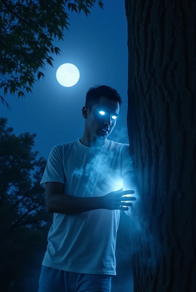 Make this boy, with his eye sockets glowing red, his hands emitting the same color as his eyes and the specter of a white deer on his back like an aura