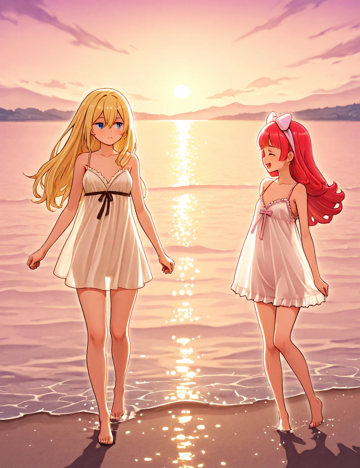 People dancing on the sea surface,ocean, sandy beach,sunset,beautiful detailed eyes,beautiful detailed lips,best quality,highres,ultra-detailed,realistic:1.37,ultra-fine painting,professional,vivid colors,bokeh,photography,waves crashing,delicate footwork,joyful expressions,reflections on water,motion blur,soft breeze,smooth movements,harmonious choreography,elegant dresses,graceful poses,serene atmosphere,marine creatures swimming,playful splashes of water,sparkling golden rays,gentle waves,immersive experience,memorable performance,lively music,happy crowd,enchanting ambiance,lit torches,warm summer night,celebratory mood,night sky studded with stars,lit bonfires,romantic setting