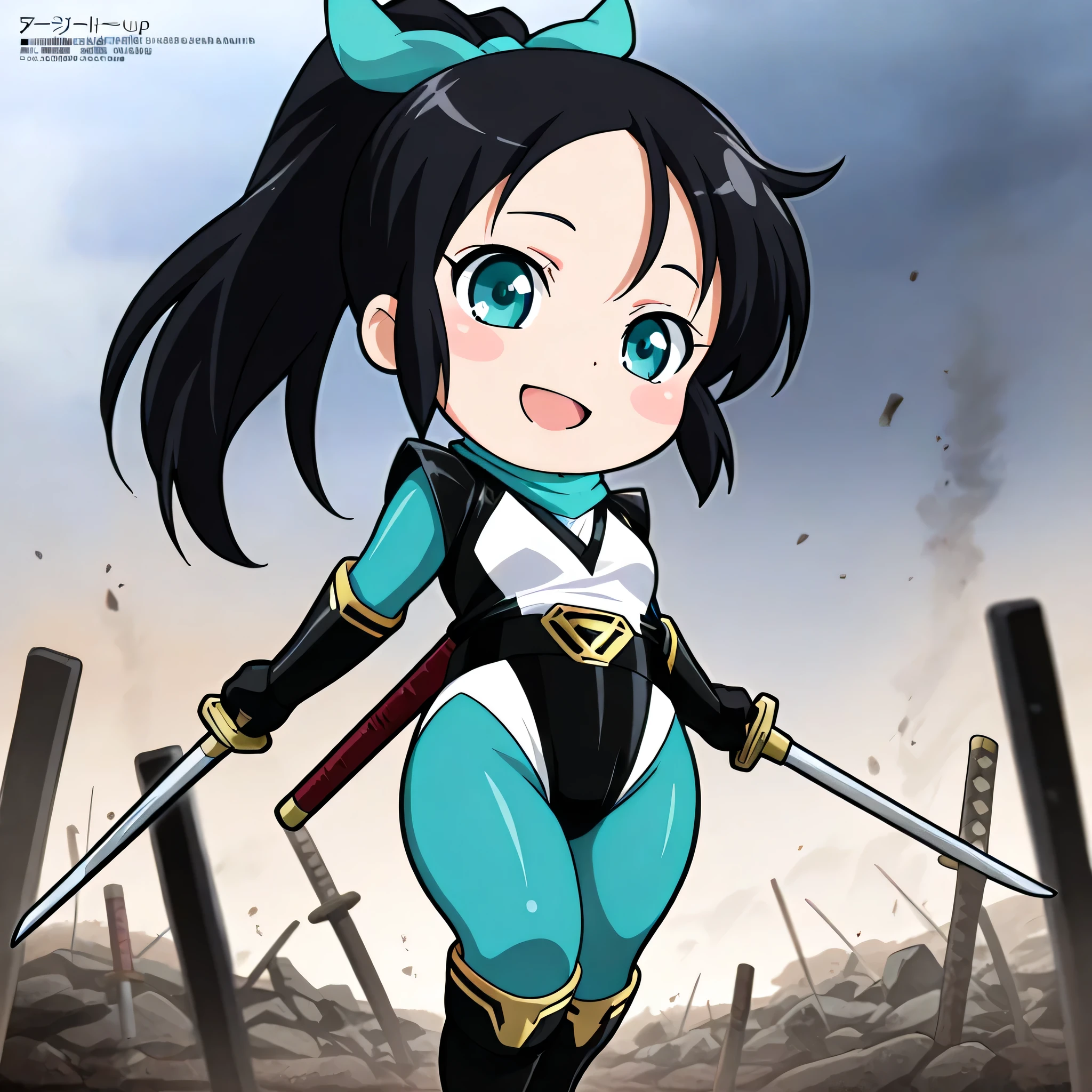 (((Masterpiece))), (((Best Quality))), ((Super Detail)), ultra-High resolution, score_9,score_8_up,score_7_up,score_6_up,score_5_up,score_4_up, BREAK, source_anime, anime screencap, uncensored, rating_explicit, Masterpiece, (absurdres), (detailed background), (very aesthetic), detailed beautiful eyes, outstanding, an exquisite animation illustration, curvy, highres, dark persona, hanan0kun0ichigumi, shiny clothes, spandex, white neck, covered neck, under clothes, teal , teal scarf, two-tone leotard, black leotard, white leotard, highleg leotard, elbow gloves, black gloves, gold trim, black belt, knee boots, black boots, high heel boots, (((solo, 1girl))), hair ornament, pose, submissive pose, anime style, anime coloring, animification, megami magazine, pose, small , shinobichidori, chibi, black hair, ponytail, teal eyes, hair ribbon, battlefield, ruin, apocalyptic, smile, standing, holding katana, katana, two hands, two hands wielding, open mouth