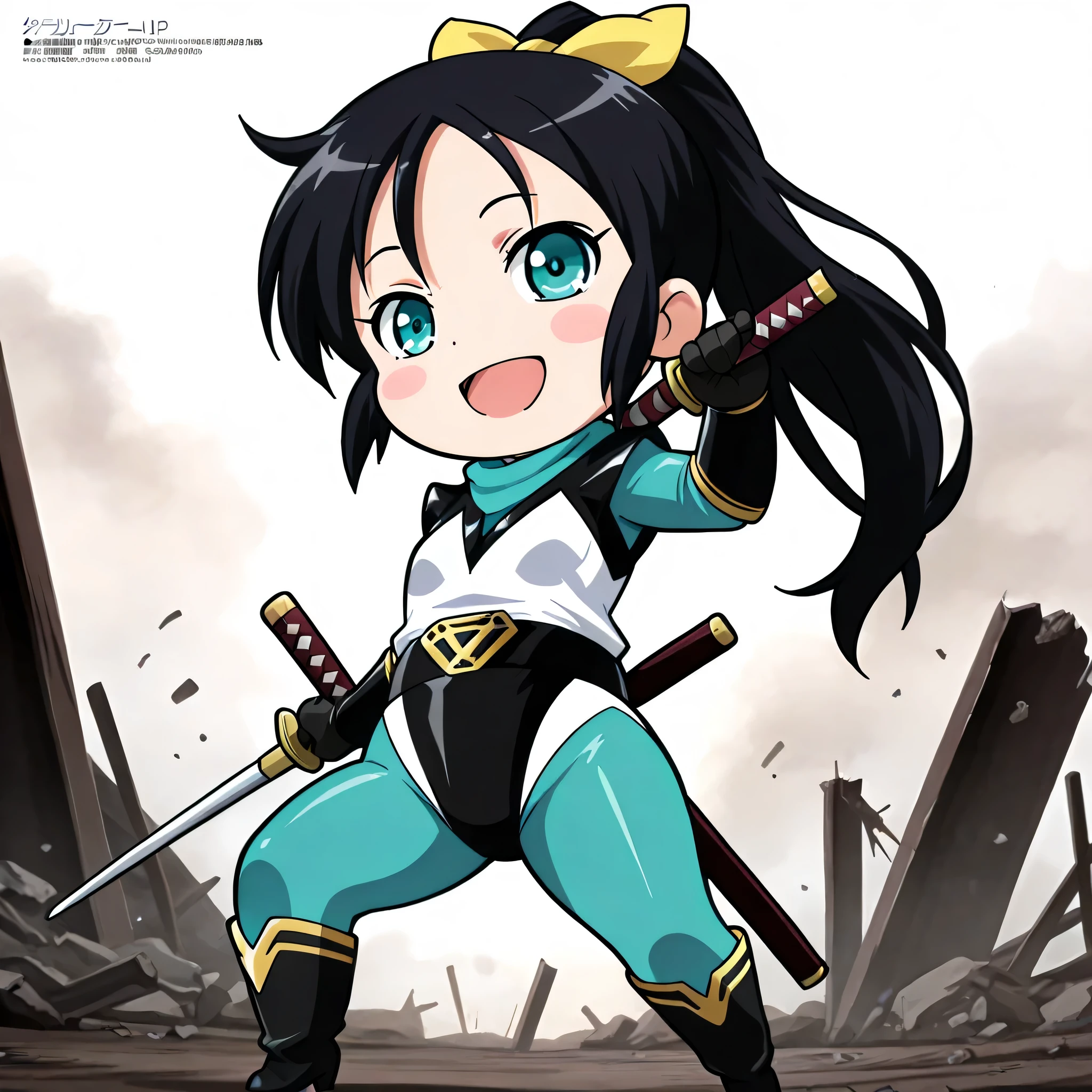 (((Masterpiece))), (((Best Quality))), ((Super Detail)), ultra-High resolution, score_9,score_8_up,score_7_up,score_6_up,score_5_up,score_4_up, BREAK, source_anime, anime screencap, uncensored, rating_explicit, Masterpiece, (absurdres), (detailed background), (very aesthetic), detailed beautiful eyes, outstanding, an exquisite animation illustration, curvy, highres, dark persona, hanan0kun0ichigumi, shiny clothes, spandex, white neck, covered neck, under clothes, teal , teal scarf, two-tone leotard, black leotard, white leotard, highleg leotard, elbow gloves, black gloves, gold trim, black belt, knee boots, black boots, high heel boots, (((solo, 1girl))), hair ornament, pose, submissive pose, anime style, anime coloring, animification, megami magazine, pose, small , shinobichidori, chibi, black hair, ponytail, teal eyes, hair ribbon, battlefield, ruin, apocalyptic, smile, standing, holding katana, katana, two hands, two hands wielding, open mouth, chibi