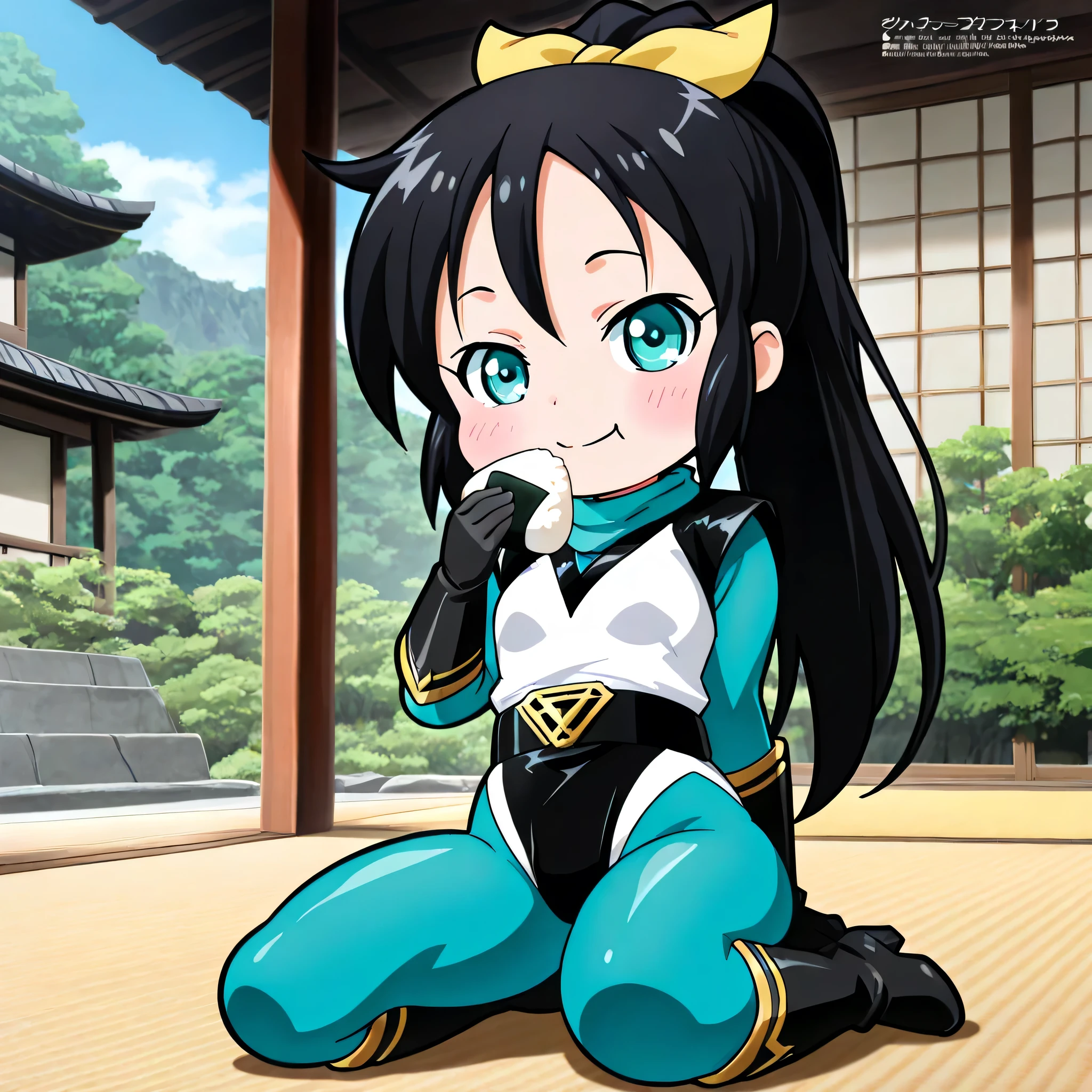 (((Masterpiece))), (((Best Quality))), ((Super Detail)), ultra-High resolution, score_9,score_8_up,score_7_up,score_6_up,score_5_up,score_4_up, BREAK, source_anime, anime screencap, uncensored, rating_explicit, Masterpiece, (absurdres), (detailed background), (very aesthetic), detailed beautiful eyes, outstanding, an exquisite animation illustration, curvy, highres, dark persona, hanan0kun0ichigumi, shiny clothes, spandex, white neck, covered neck,  under clothes, teal , teal scarf, two-tone leotard, black leotard, white leotard, highleg leotard, elbow gloves, black gloves, gold trim, black belt, knee boots, black boots, high heel boots, (((solo, 1girl))), hair ornament,  pose, submissive pose, anime style, anime coloring, animification, megami magazine,  pose, small , shinobichidori, chibi, black hair, ponytail, teal eyes, hair ribbon, white pupil, wariza, holding onigiri, eating, delicious, happy, Japanese architecture, scenery, nature, smile, eating, kneeling