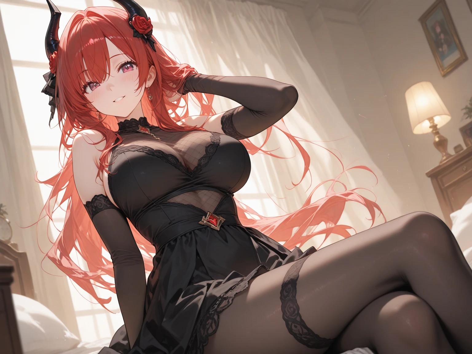 Red hair with bangs, Black see-through dress, Black choker, Lying on a bed with a white quilt, 흥분한, girlfriend, Smiling, Big breasts, Masterpiece, slutty