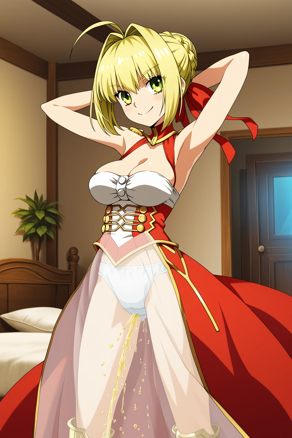<lora:last_encore_nero:1>,
masterpiece,best quality,1girl,solo,fxle_anime,nero,blonde hair,large breasts,
long dress,red dress,cleavage,white bra,long sleeves,nice hand,good hand,crossed hands,fists