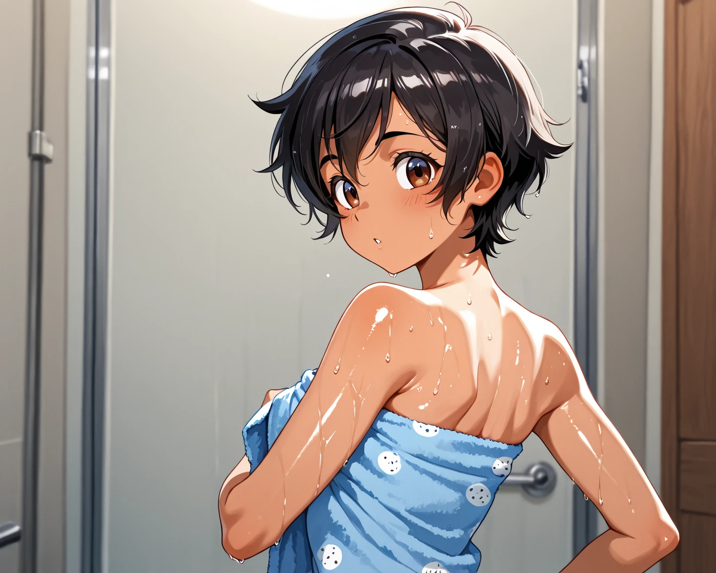 hight resolution, top-quality,  ultra-quality, The ultra-detailliert, lighting like a movie、tiny chest、Wearing sweat、full of sweat、embarrassed from、Little、bathroom、barechested、fullnude、