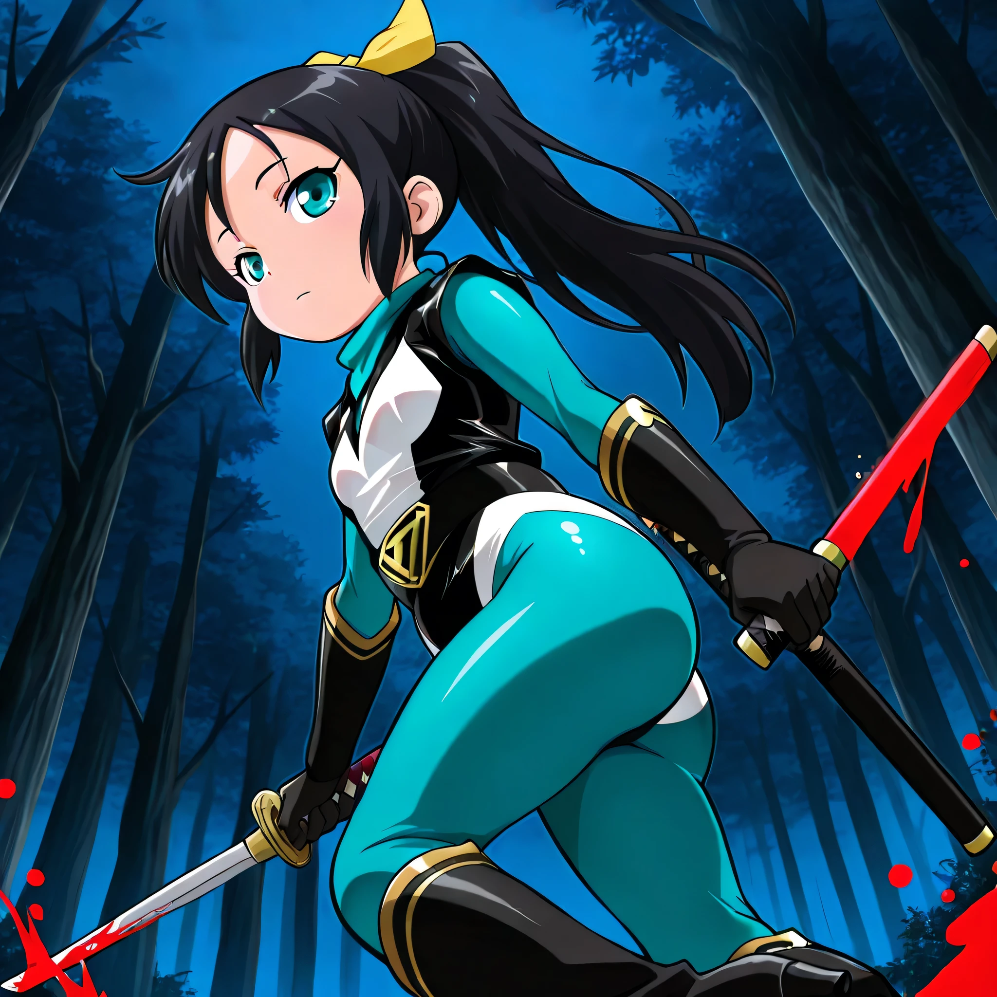 (((Masterpiece))), (((Best Quality))), ((Super Detail)), ultra-High resolution, score_9,score_8_up,score_7_up,score_6_up,score_5_up,score_4_up, BREAK, source_anime, anime screencap, uncensored, rating_explicit, Masterpiece, (absurdres), (detailed background), (very aesthetic), detailed beautiful eyes, outstanding, an exquisite animation illustration, curvy, highres, dark persona, hanan0kun0ichigumi, shiny clothes, spandex, white neck, covered neck,  under clothes, teal , teal scarf, two-tone leotard, black leotard, white leotard, highleg leotard, elbow gloves, black gloves, gold trim, black belt, knee boots, black boots, high heel boots, (((solo, 1girl))), hair ornament,  pose, submissive pose, anime style, anime coloring, animification, megami magazine,  pose, small , shinobichidori, black hair, ponytail, teal eyes, hair ribbon, white pupil, forest, night, dark theme, blood splatter, , looking from below, from below, view from below, expressionless, emotionless, holding katana, katana, two hands, dual wielding, walking, side , looking away