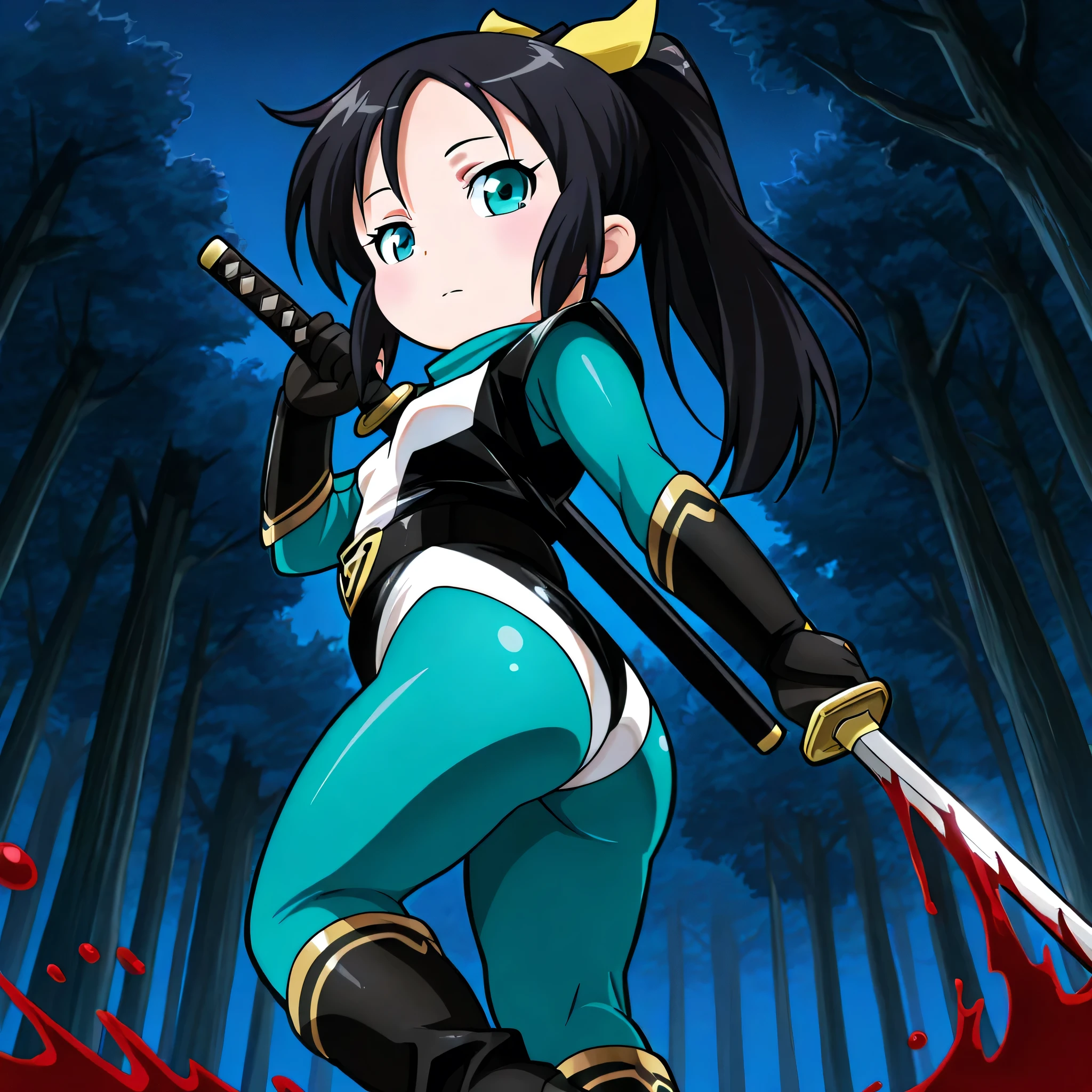 (((Masterpiece))), (((Best Quality))), ((Super Detail)), ultra-High resolution, score_9,score_8_up,score_7_up,score_6_up,score_5_up,score_4_up, BREAK, source_anime, anime screencap, uncensored, rating_explicit, Masterpiece, (absurdres), (detailed background), (very aesthetic), detailed beautiful eyes, outstanding, an exquisite animation illustration, curvy, highres, dark persona, hanan0kun0ichigumi, shiny clothes, spandex, white neck, covered neck, under clothes, teal , teal scarf, two-tone leotard, black leotard, white leotard, highleg leotard, elbow gloves, black gloves, gold trim, black belt, knee boots, black boots, high heel boots, (((solo, 1girl))), hair ornament, pose, submissive pose, anime style, anime coloring, animification, megami magazine, pose, small , shinobichidori, black hair, ponytail, teal eyes, hair ribbon, white pupil, forest, night, dark theme, blood splatter, , looking from below, from below, view from below, expressionless, emotionless, holding katana, katana, two hands, dual wielding, walking, side , looking away, chibi