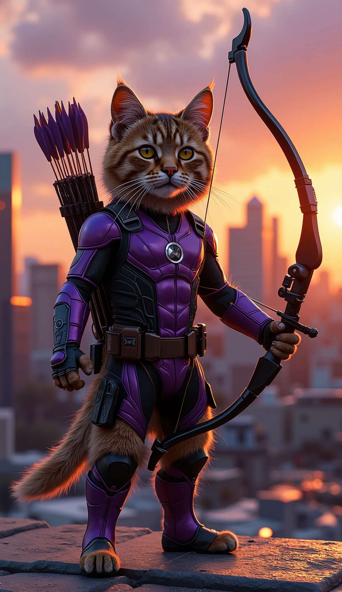 A heroic cat dressed in Hawkeye’s iconic purple and black suit, holding a detailed bow with an arrow drawn and ready to shoot, standing in a dramatic superhero pose on a rooftop at sunset, wind blowing through its fur, with a cinematic city skyline in the background, ultra-realistic fur texture, highly detailed HD image, sharp focus, vibrant colors, dynamic lighting, Marvel-style action scene