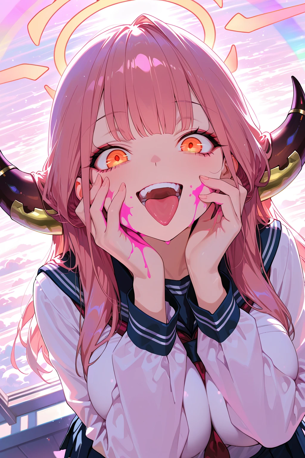 little girl, mouth open,  in mouth,  on face, blushing,  , , ,  expression