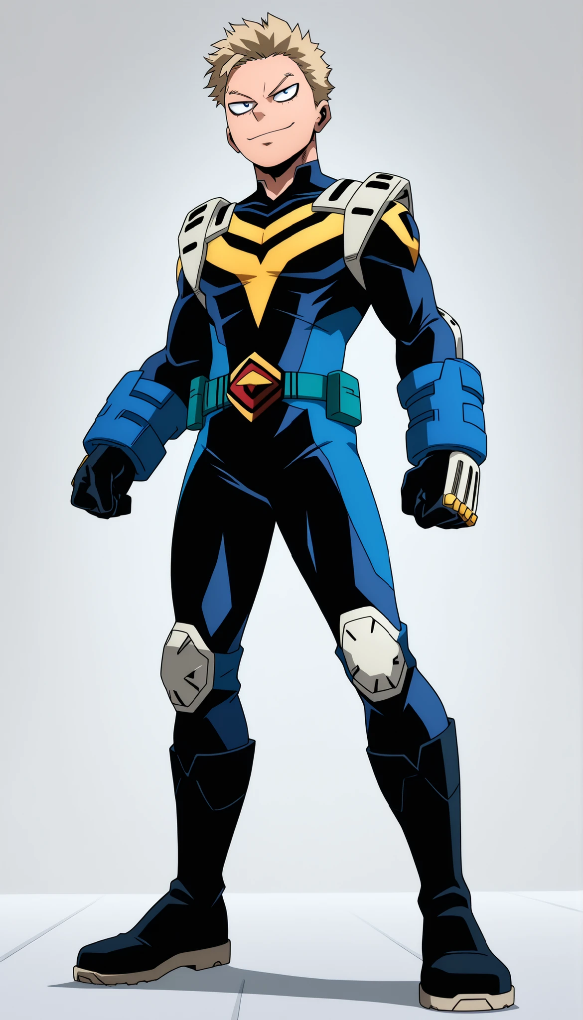 My Hero Academia style, anime boy, male, young male, trending on artstation pixiv, (full body shot:0.5), head covering, helmet, face covering, mask, skull helmet, skull mask, hero suit, full body suit, Blue suit with white, red boots and gloves with yellow details, silver belt, Perfect anatomy, perfect hands, super detailed,