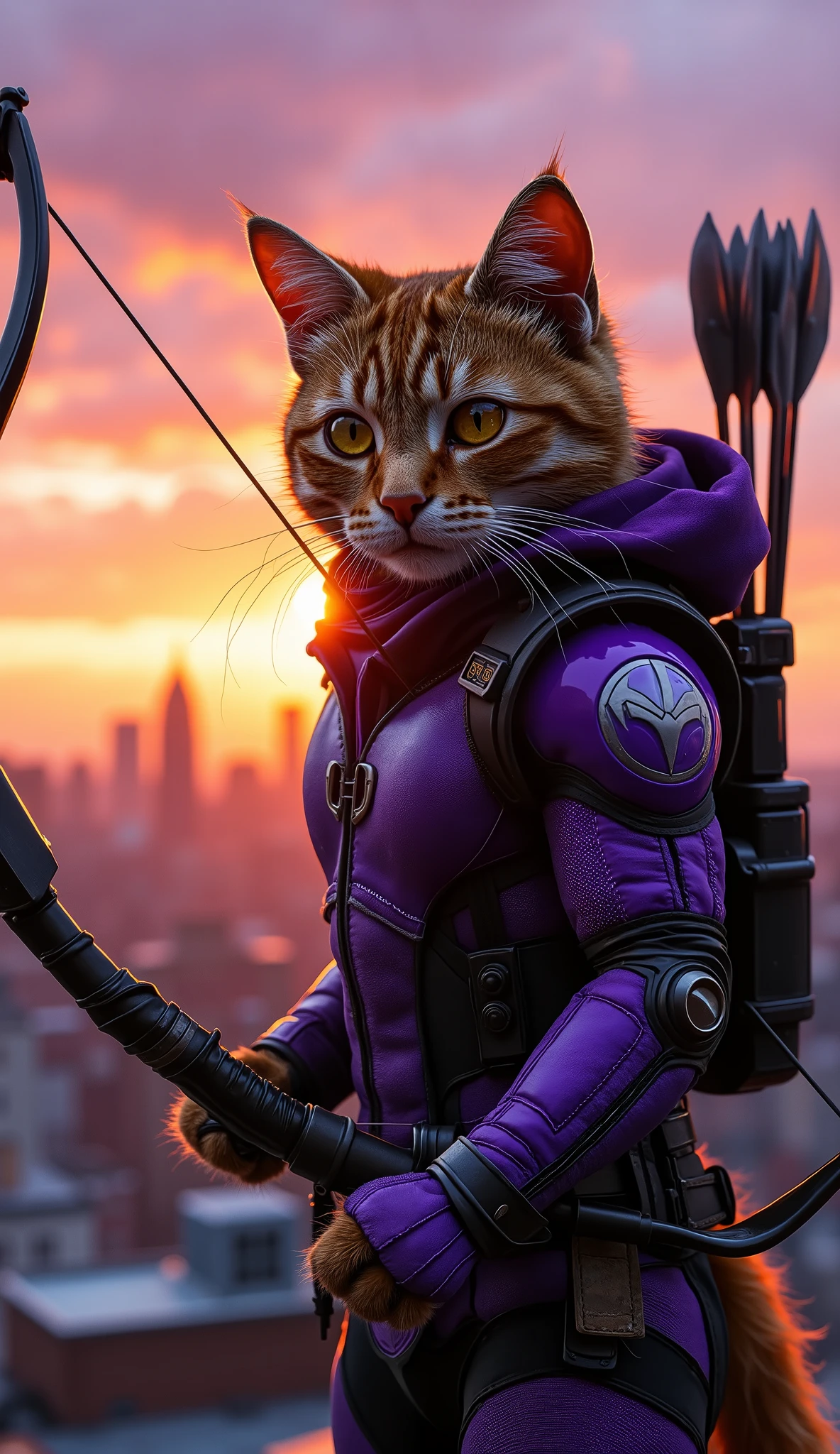 A heroic cat dressed in Hawkeye’s iconic purple and black suit, holding a detailed bow with an arrow drawn and ready to shoot, standing in a dramatic superhero pose on a rooftop at sunset, wind blowing through its fur, with a cinematic city skyline in the background, ultra-realistic fur texture, highly detailed HD image, sharp focus, vibrant colors, dynamic lighting, Marvel-style action scene