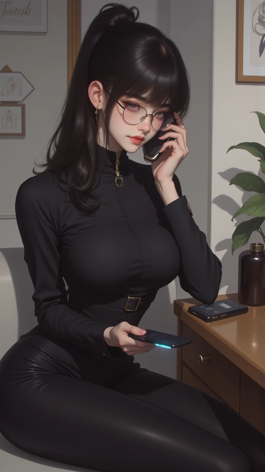 absurdres, RAW photo, highest quality, (masterpiece: 1.3), high detail RAW color photo, professional photo, extremely detailed CG 8k wallpaper unit, photo-realistic, realistic, RAW photo, masterpiece, best quality, highres,
1girl, 23 YEARS OLD, Japanese, Oriental, short, straight brown hair with locks in front, Average length, random hairstyle, athletic body, thin legs, perfect gorgeous face, beautiful realistic brown eyes, eyeglasses, fleshy lips, fair skin, detailed skin texture, very large natural breasts. Serious. Elegant. selfie angle. (short black leather dress, belt, long boots, long gloves, realistic design). Standard Room, Night