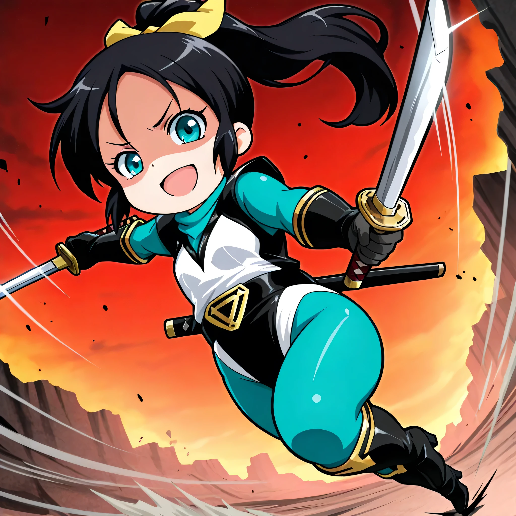 (((Masterpiece))), (((Best Quality))), ((Super Detail)), ultra-High resolution, score_9,score_8_up,score_7_up,score_6_up,score_5_up,score_4_up, BREAK, source_anime, anime screencap, uncensored, rating_explicit, Masterpiece, (absurdres), (detailed background), (very aesthetic), detailed beautiful eyes, outstanding, an exquisite animation illustration, curvy, highres, dark persona, hanan0kun0ichigumi, shiny clothes, spandex, white neck, covered neck, under clothes, teal , teal scarf, two-tone leotard, black leotard, white leotard, highleg leotard, elbow gloves, black gloves, gold trim, black belt, knee boots, black boots, high heel boots, (((solo, 1girl))), hair ornament, pose, submissive pose, anime style, anime coloring, animification, megami magazine, pose, small , shinobichidori, black hair, ponytail, teal eyes, hair ribbon, white pupil, outdoor, holding katana, katana, two hands, dual wielding, running, jumping, fighting, fighting stance, dynamic pose, action pose, dynamic angle, cinematic angle, Dutch angle, standing, full body, looking at viewer, incoming attack, speed line, motion line, foreshortening, attack, serious, angry, open mouth, shaded face, evil smile, evil grin, apocalyptic, ruin, blood splatter, ruin, burning