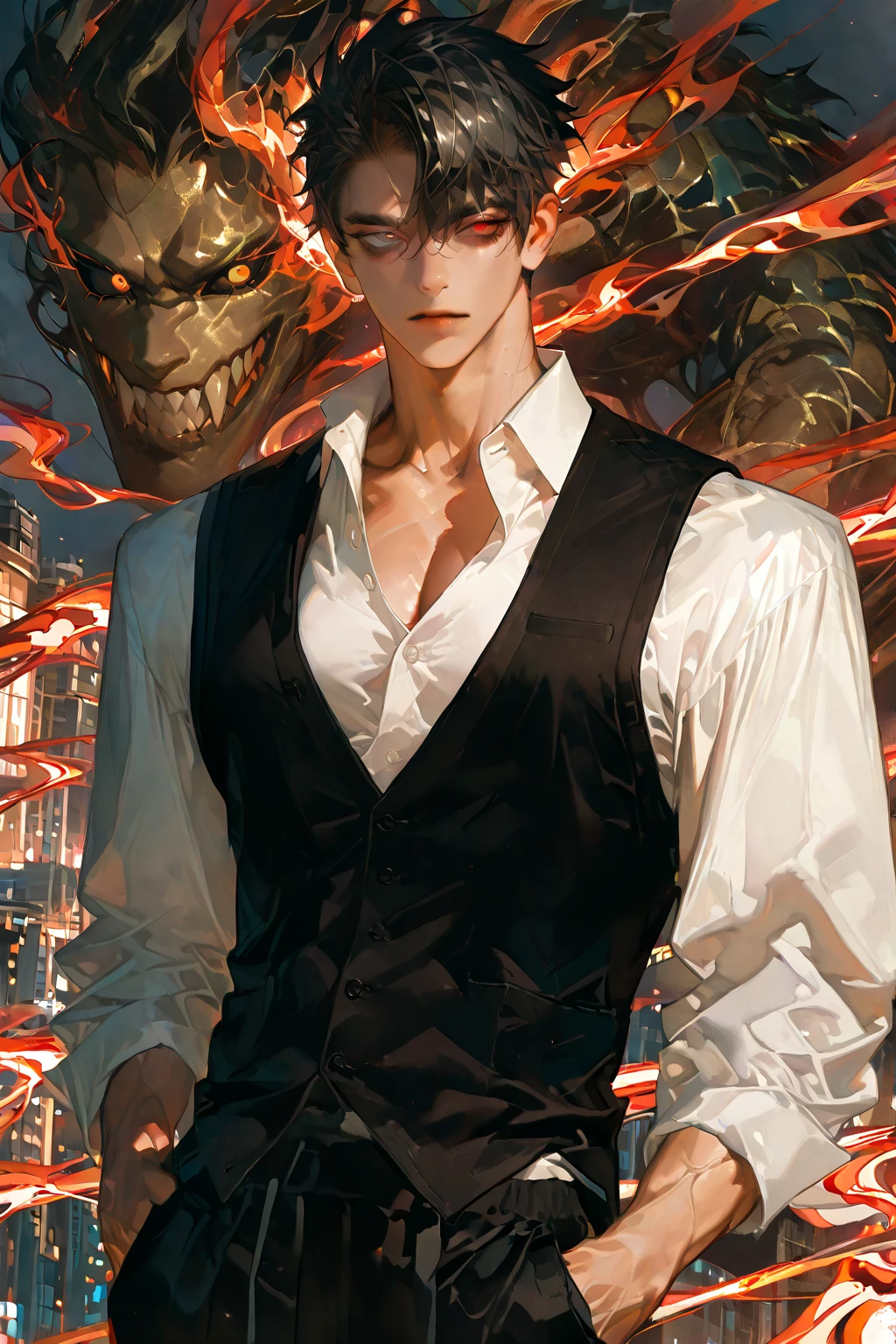 brown skin, 1male, male focus, muscular male,solo, HZagreus,, large pectorals, white eyebrows, thick eyebrows, styled hair, short hair, black hair, shaved nape hair, Two block perm hair, hair between eyes, black sclera, heterochromia, turquoise eyes, red eyes, brown skin, handsome, toned, tall man, muscular, large body, small head, sharp eyes,
Perfect Eyes, semi-realism art, masterpiece, Exquisite Details, very detailed, best quality, absurdres, scenery, volumetric lighting, surreal atmosphere, detailed scenery, highres texture, realistic skin, highres skin detail, dynamic pose,
dressed urbanly, wearing a partially unbuttoned white shirt revealing a hint of chest under a black suit vest, hands in pockets, black sweatpants, emphasizing a stylish yet casual appearance