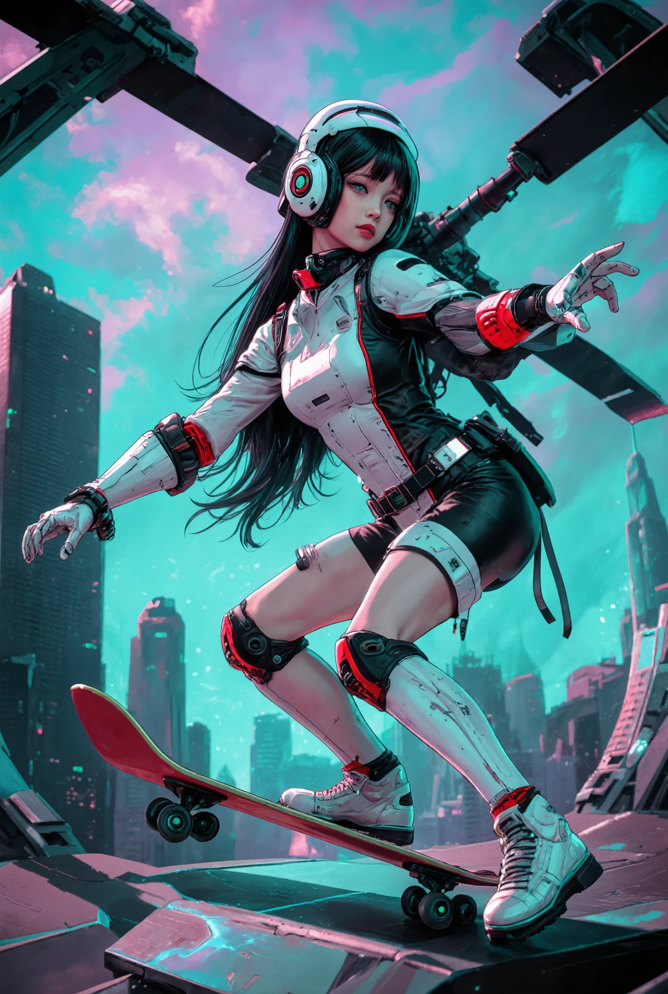 hallucinogenic efect white ,oren,black,red, landasan helikopter militer co pilot, a girl in Mecha costume , cybord , beautiful long hair losse advance digital, she is doing various professional skateboarding poses, looking at viewer,