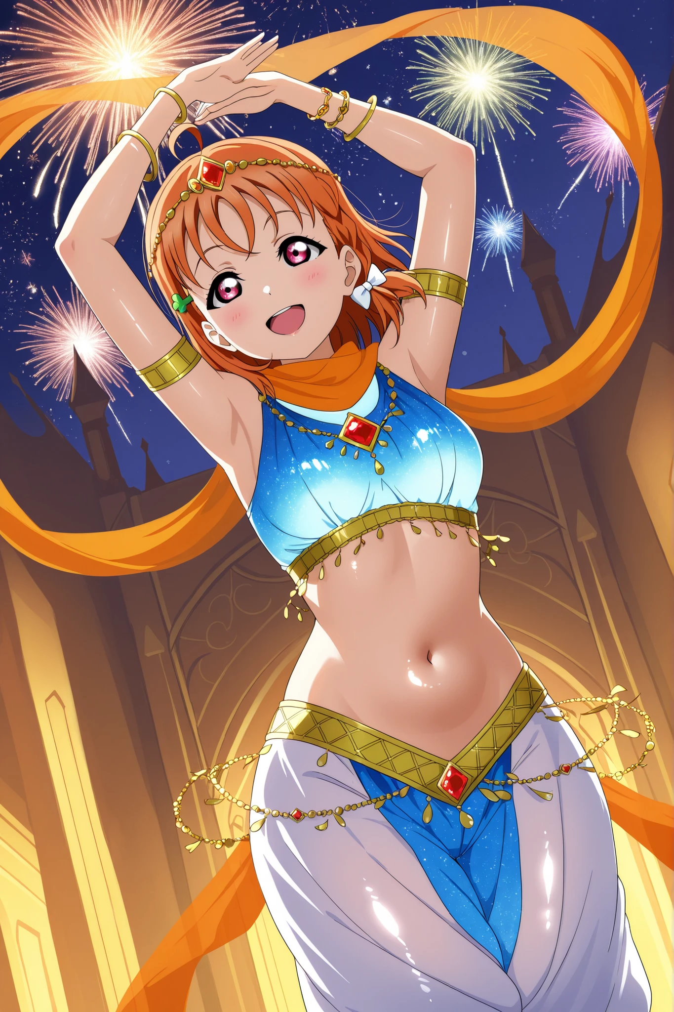 ((best quality)), ((masterpiece)), (detailed), bellydancer ,jewelry, dancing, arabian clothes, colorful clothes, turban/headband, kousaka honoka, curvy body, arms up,plump, thighs, (exposed pussy)