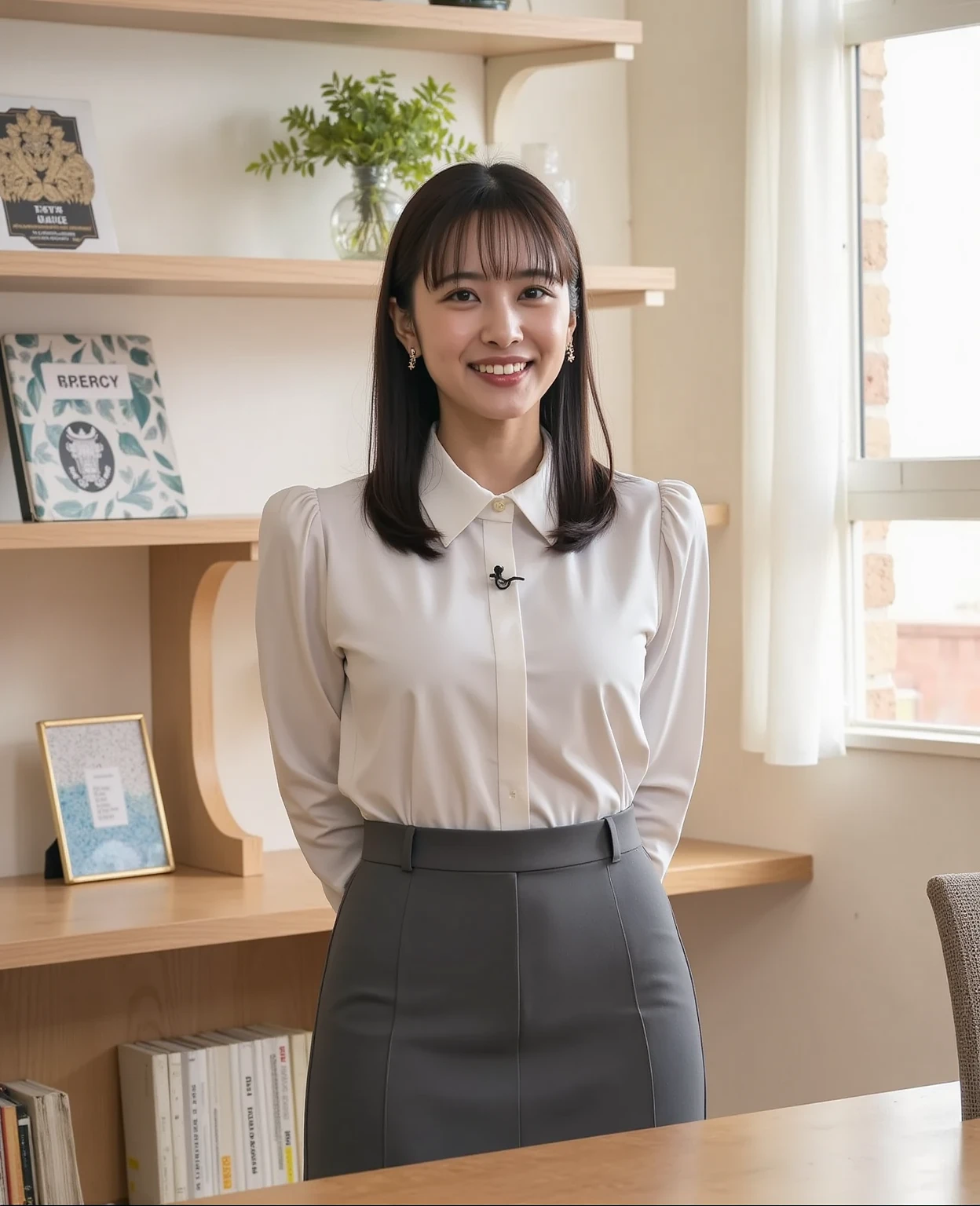 High resolution, High-level image quality, High definition, masterpiece, 8k, Anatomically correct, Professional Lighting, sharp, White Photo, ((Japanese Mature, 90 years old, Beautiful female teacher)), One person, ((Facial wrinkles)), Shapely large breasts, Straight, light brown, long hair that reaches the shoulders, Chubby body type, ((School classroom, Standing upright, holding the attendance book and looking at the viewer)), (((Tucked draped blouse for summer, Yellow Bonded Tight Skirt))), Composition from knee to head
