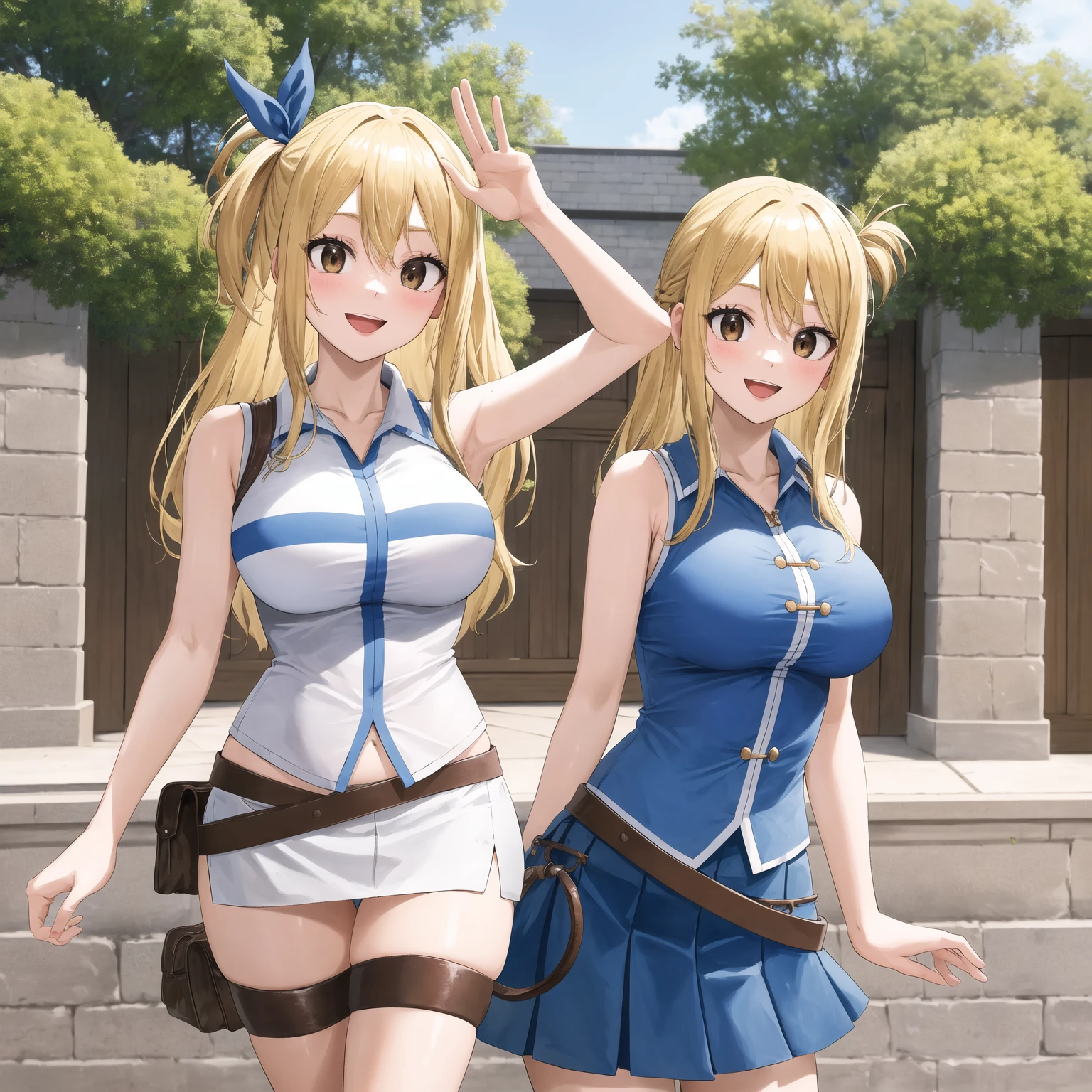 masterpiece, best quality, high resolution, Lucy Heartfilia, blonde hair, long hair, Side Mao Insult, blue ribbon, big breasts, earrings, boots, blue shirt, sleeveless tops, white skirt, hands on hips, salute, Smile, Outdoor activities, Cowboy shooting