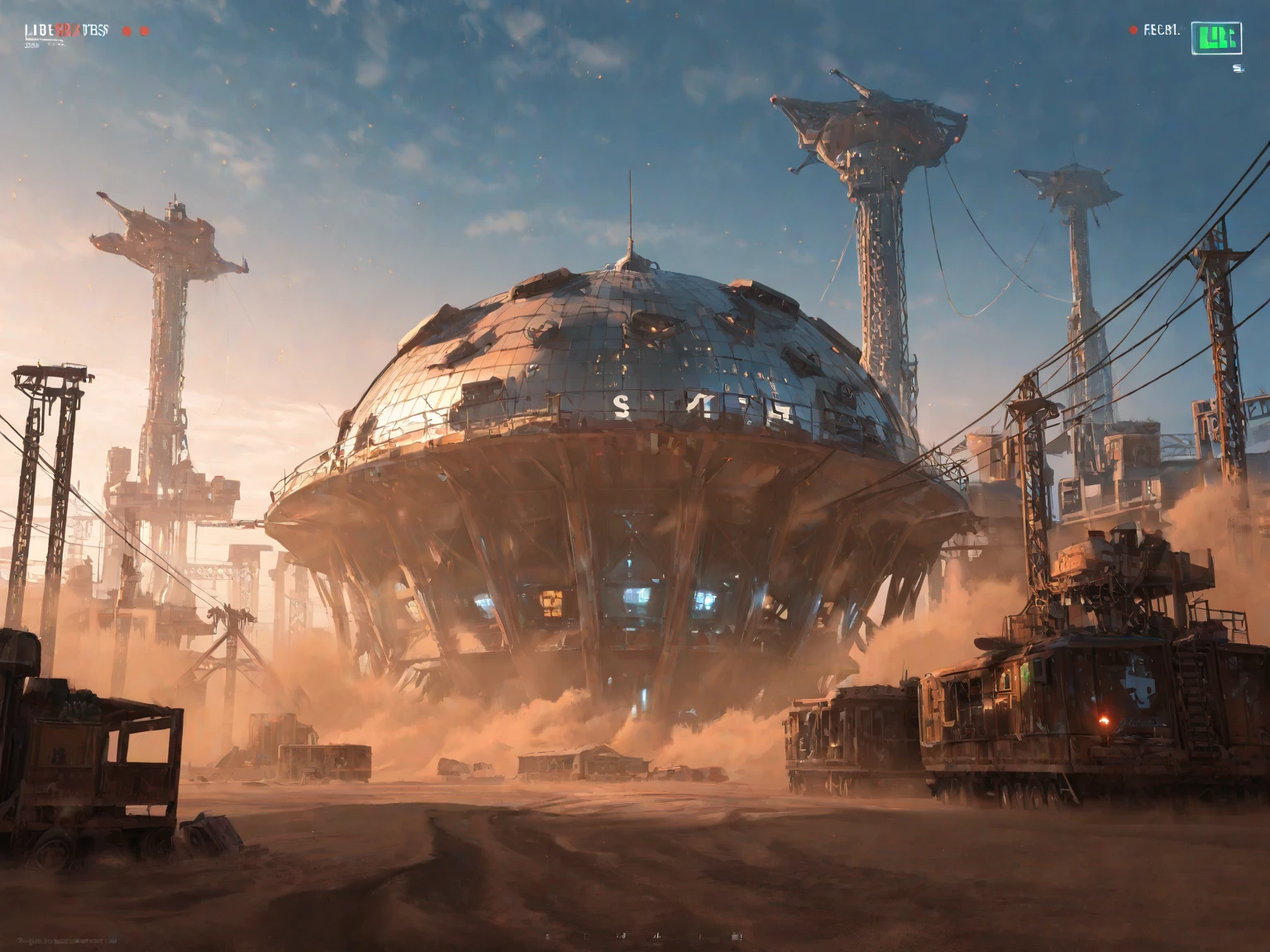 High Detail RAW color cinematic film still photography of a (post-apocalyptic:1.3) wasteland landscape with a city inside a dome which is a (Atompunk:1.3) Dystopian [sci-fi] 1950s American suburb, (highly detailed, fine details, intricate), photographed on a Sony a9 II, 70mm lens, F2.8, hard focus, smooth, Fallout, The Outer Worlds, cinematic film still from Blade Runner 2049, mad max fury road, biodome, jestsons, futurama, and Red Dwarf. retrofuturism, giant glass dome, futuristic building, high res, beeple, retro futuristic, Raygun Gothic, Googie