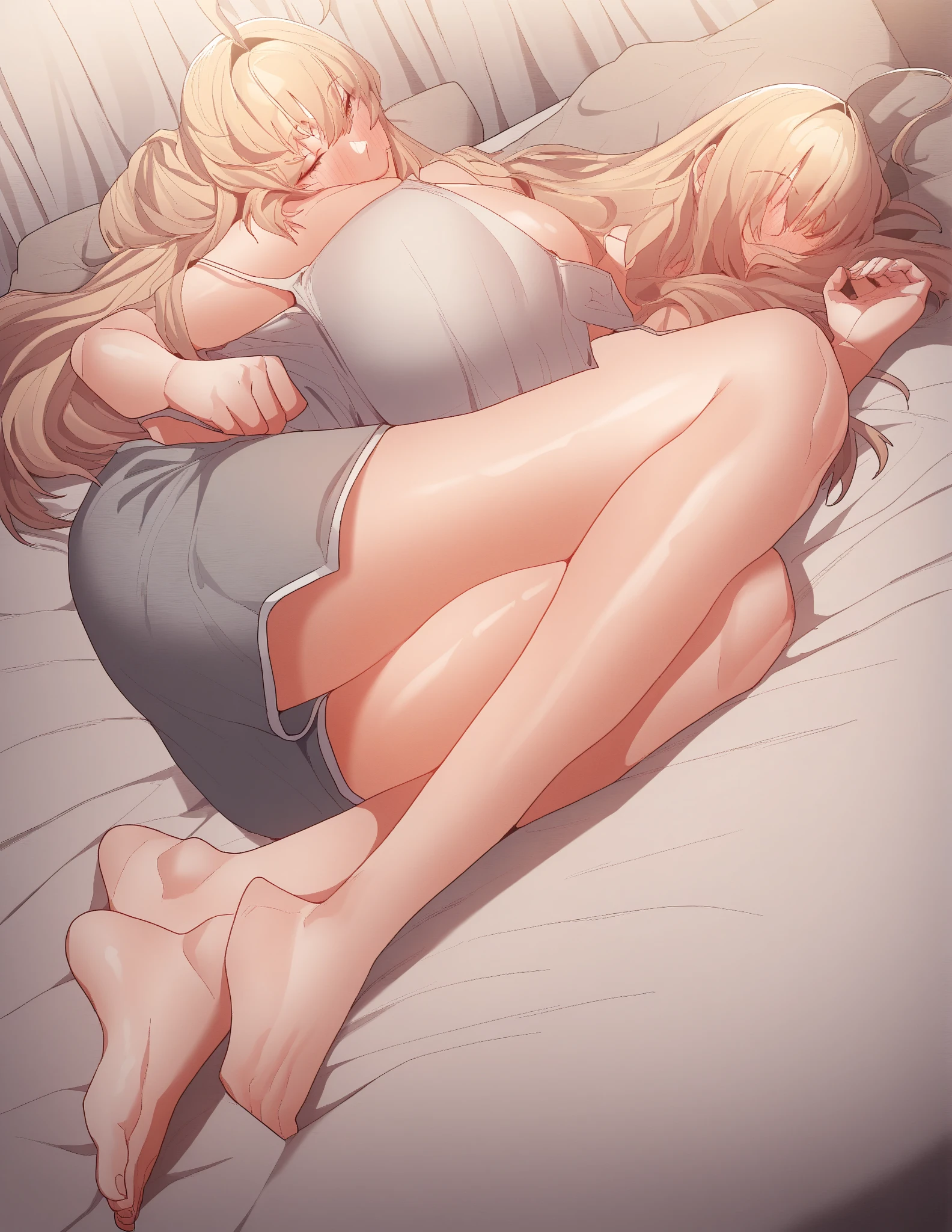 superflat, flat shading, flat colors, 25_year_old mother and 8_year_old daughter child loli, petite, white panties, stockings, topless, nipple, blonde, sitting on bed, smile, blush, posing, best shadows, watercolor,