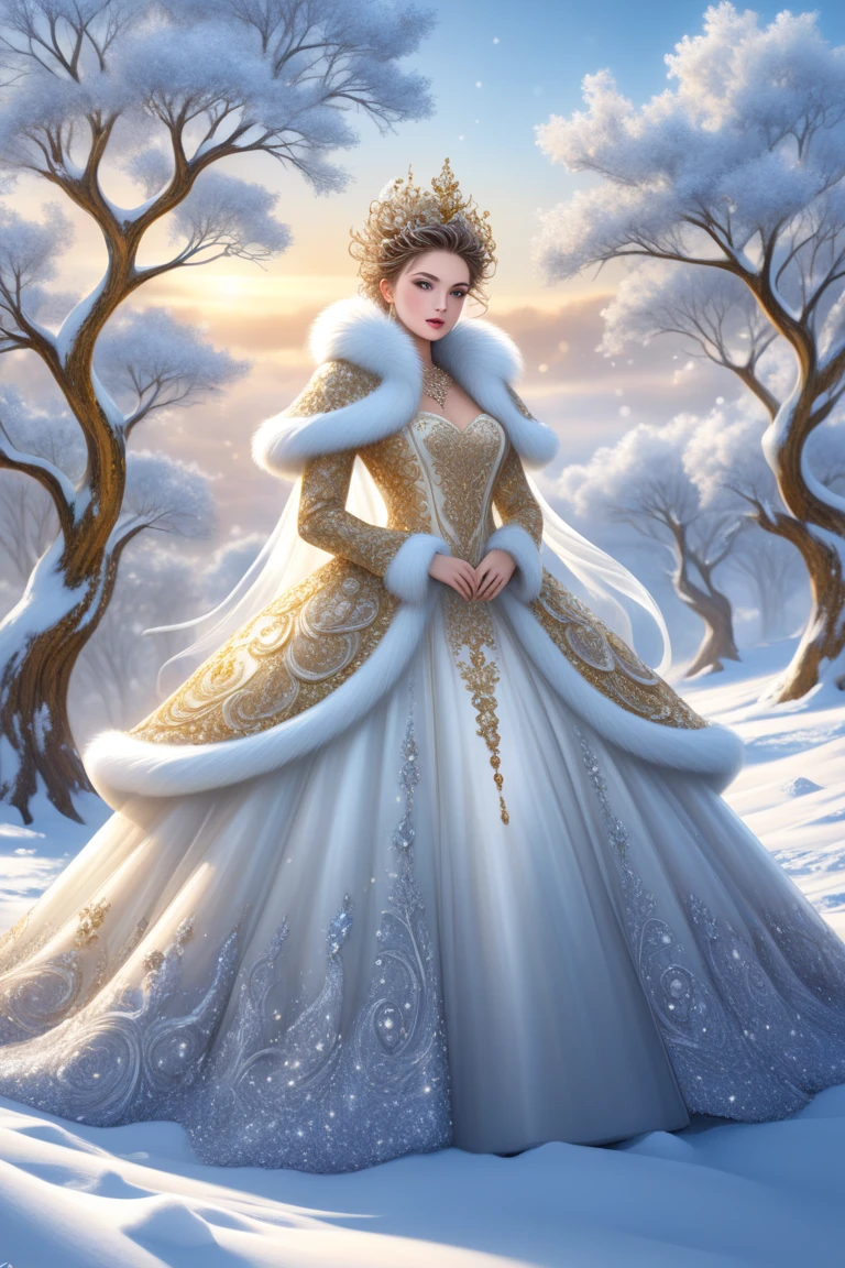 A cinematic scene, a beautiful orange catwoman with beautiful and elegant white winter coat fashion style in in the forest with snow, perfect makeup, elegant jewelry, extreme long shot in the style of realistic and hyperdetailed renderings, elegant figures, unique and one - of - a - kind pieces, The intricate details of her costume and the grandeur of the place create a visually striking image, enchanting realms, meticulous design, elegantly formal, charming characters haute couture dress, costume designe